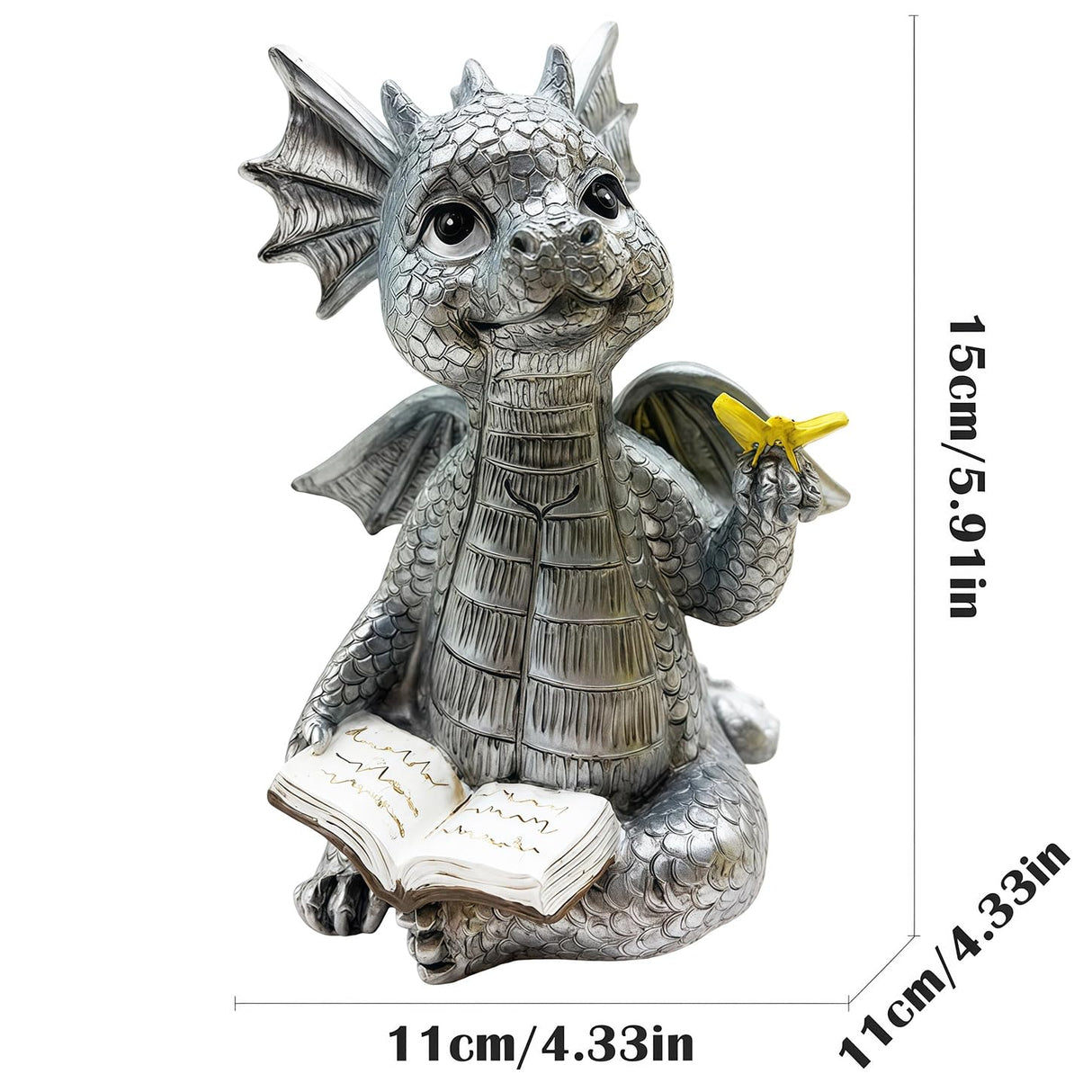 JARPSIRY Cute Dragon Reading Book Statue, 5.9-Inch Tall Dinosaur Holding Butterfly Figurines Art Resin Sculpture Outdoor Garden Decor Home Desk Ornaments