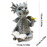 JARPSIRY Cute Dragon Reading Book Statue, 5.9-Inch Tall Dinosaur Holding Butterfly Figurines Art Resin Sculpture Outdoor Garden Decor Home Desk Ornaments