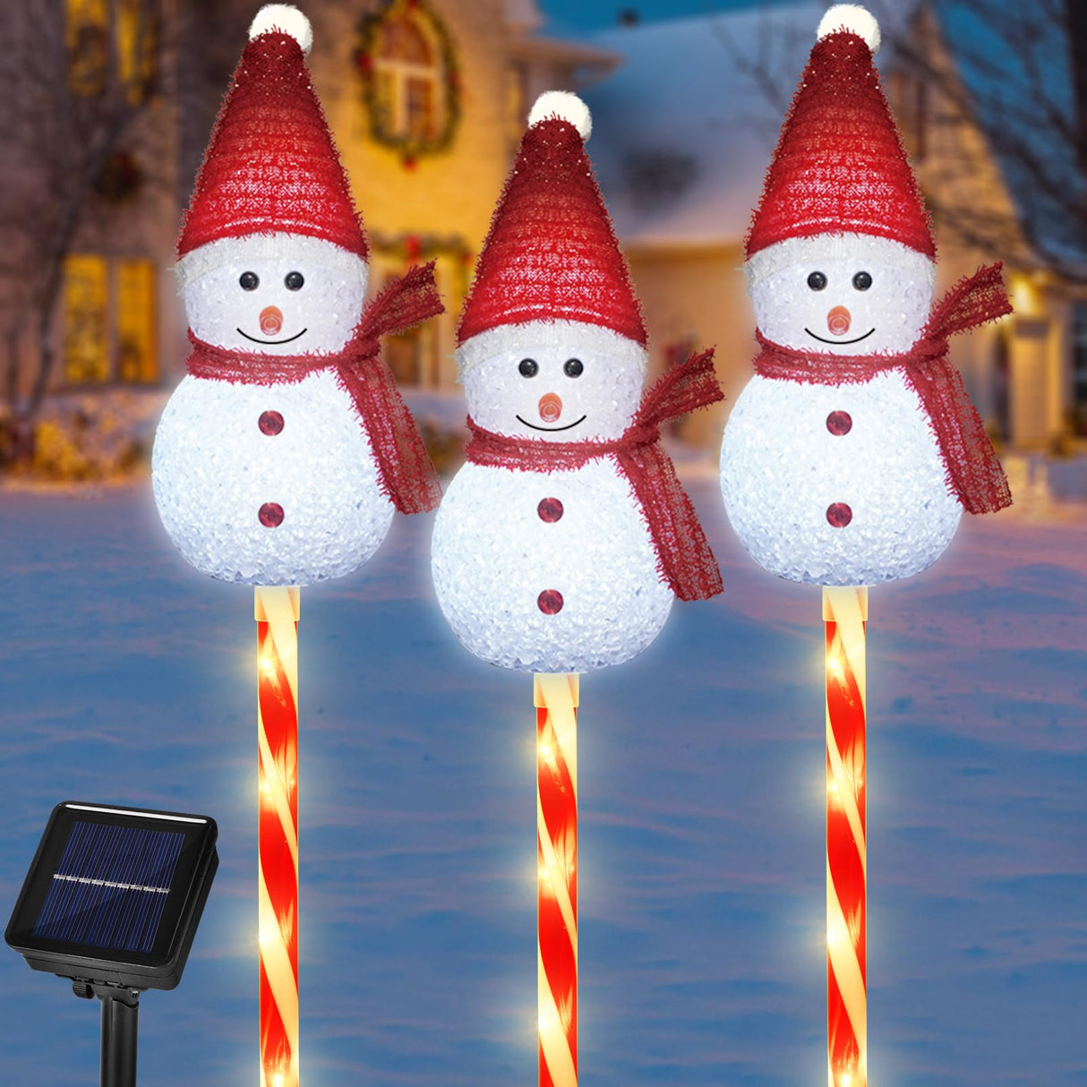 Newhale Set of 3 Snowman Solar Christmas Decorations, 8 Modes Solar Garden Lights, Candy Cane Christmas Stake Light, Outdoor Xmas Decor for Yard, Patio, Pathway (White)