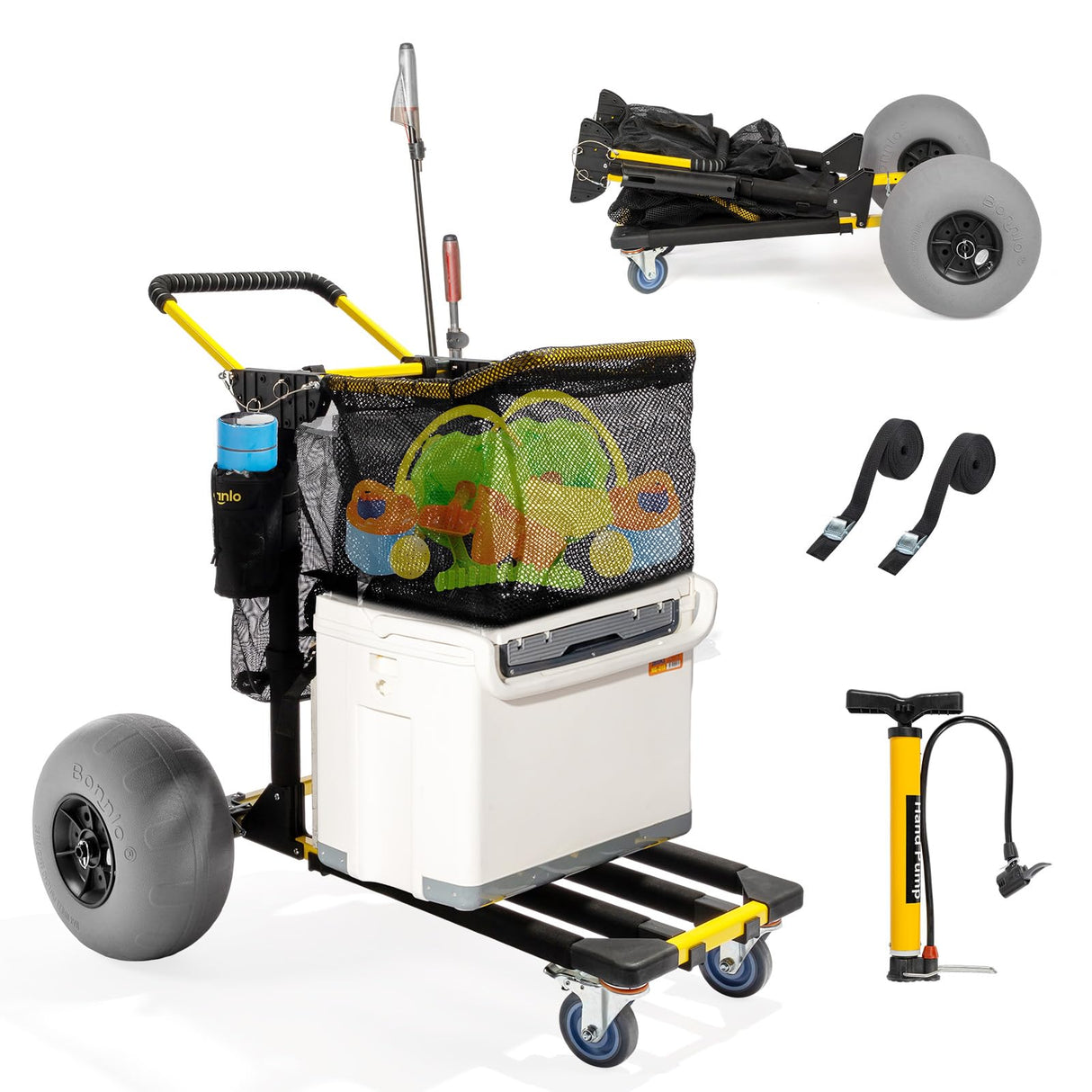 Bonnlo Beach Cart with 12" Big Balloon Wheels for Sand, Foldable 2-in-1 Beach Buggy Cart Fishing Cart with Large Cargo Deck, Fishing Rods Holder, Water Bottle Holder, 2 Mesh Bag, Hand Pump