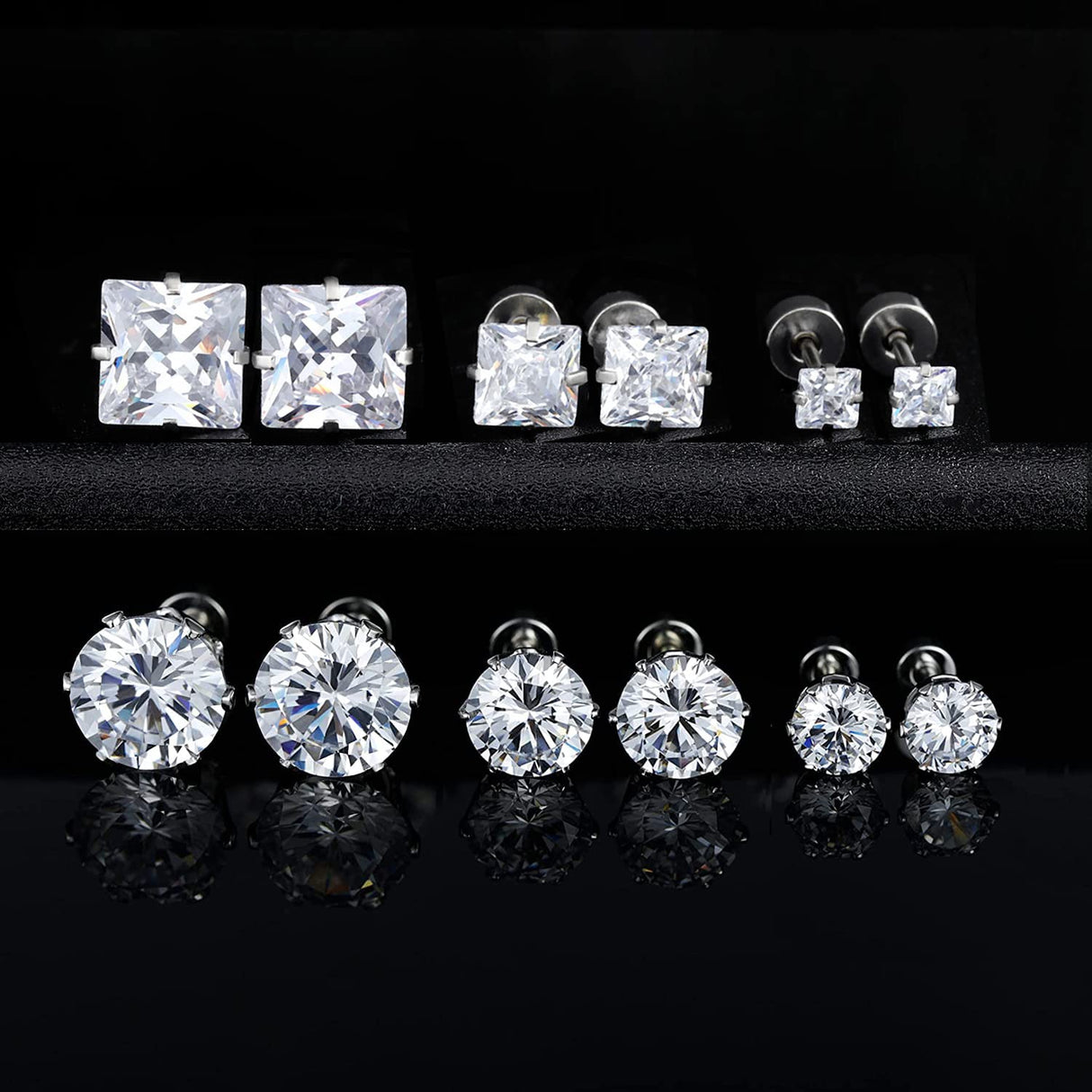 6 Pairs Screw Back Titanium Surgical Stainless Steel Round Square Princess Cut CZ Earrings For Women Men Hypoallergenic Cubic Zirconia Earrings (White Gold Plated)