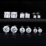 6 Pairs Screw Back Titanium Surgical Stainless Steel Round Square Princess Cut CZ Earrings For Women Men Hypoallergenic Cubic Zirconia Earrings (White Gold Plated)
