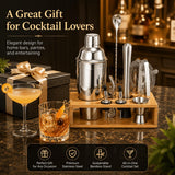 Cocktail Shaker Set, 18/8 Food-Grade Stainless Steel Mixology Bartender Kit 10-Piece Bar Tools with Stylish Bamboo Stand - Rust-Proof & Dishwasher Safe - Professional Martini Shaker Gift for Men, Dad