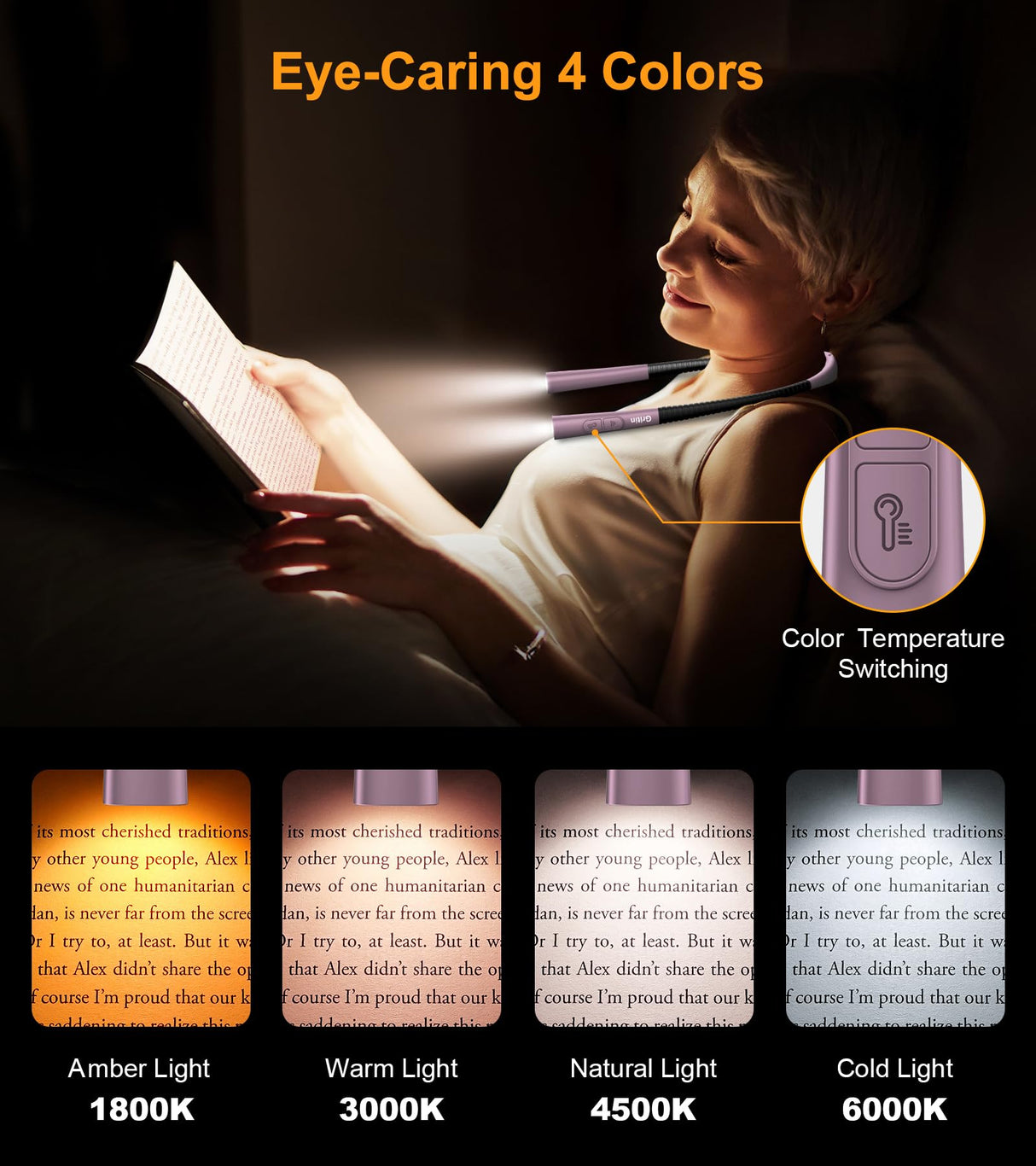 Gritin Book Light, Eye Caring 4-Color & 5-Brightness Neck Light Reading Light- Stepless Dimming,30-min Timer,80+ Hrs Runtime,Bendable Round Neck Design, Lightweight for Reading-Midnight Purple
