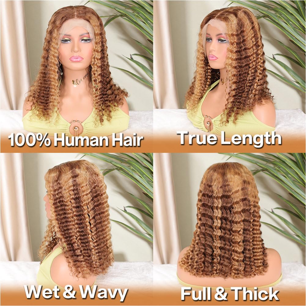 HIRIREMY 16 Inch Ombre Highlight Curly Bob Wig Human Hair For Black Women Wear And Go Glueless 13x4 HD Honey Blonde Highlight Deep Wave Lace Front Wigs Human Hair Pre Plucked Wet And Wavy 4/27