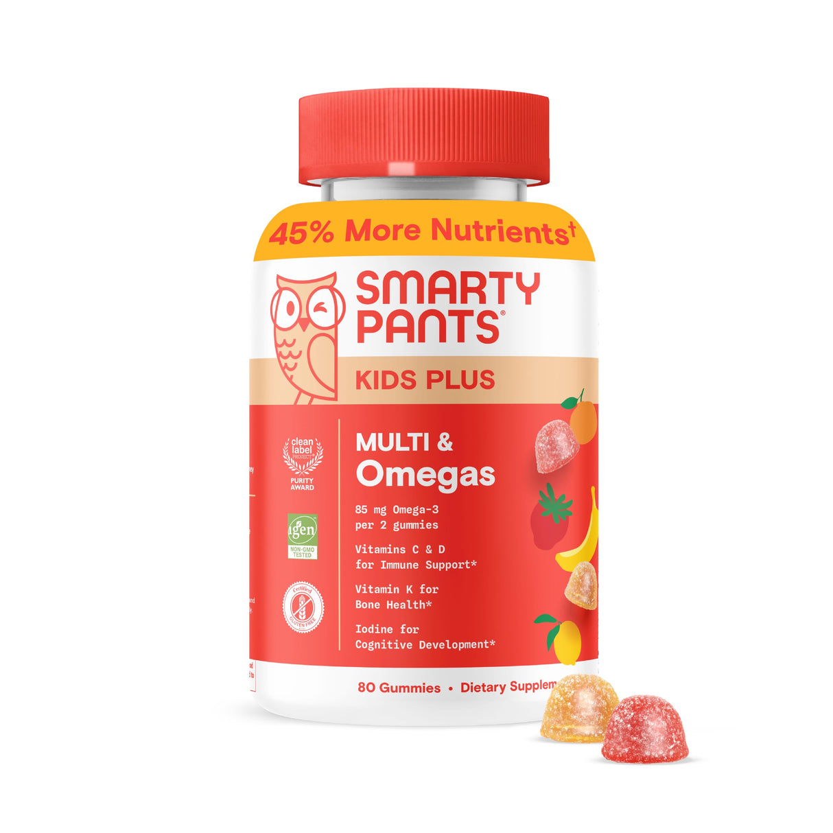SmartyPants Kids Multivitamin Gummies - Improved Formula: Omega 3 (DHA/EPA), Vitamins D3, C, B12, B6, Vitamin A, K & Zinc, Gluten Free, Three Fruit Flavors, 80 Count (40 Day Supply)