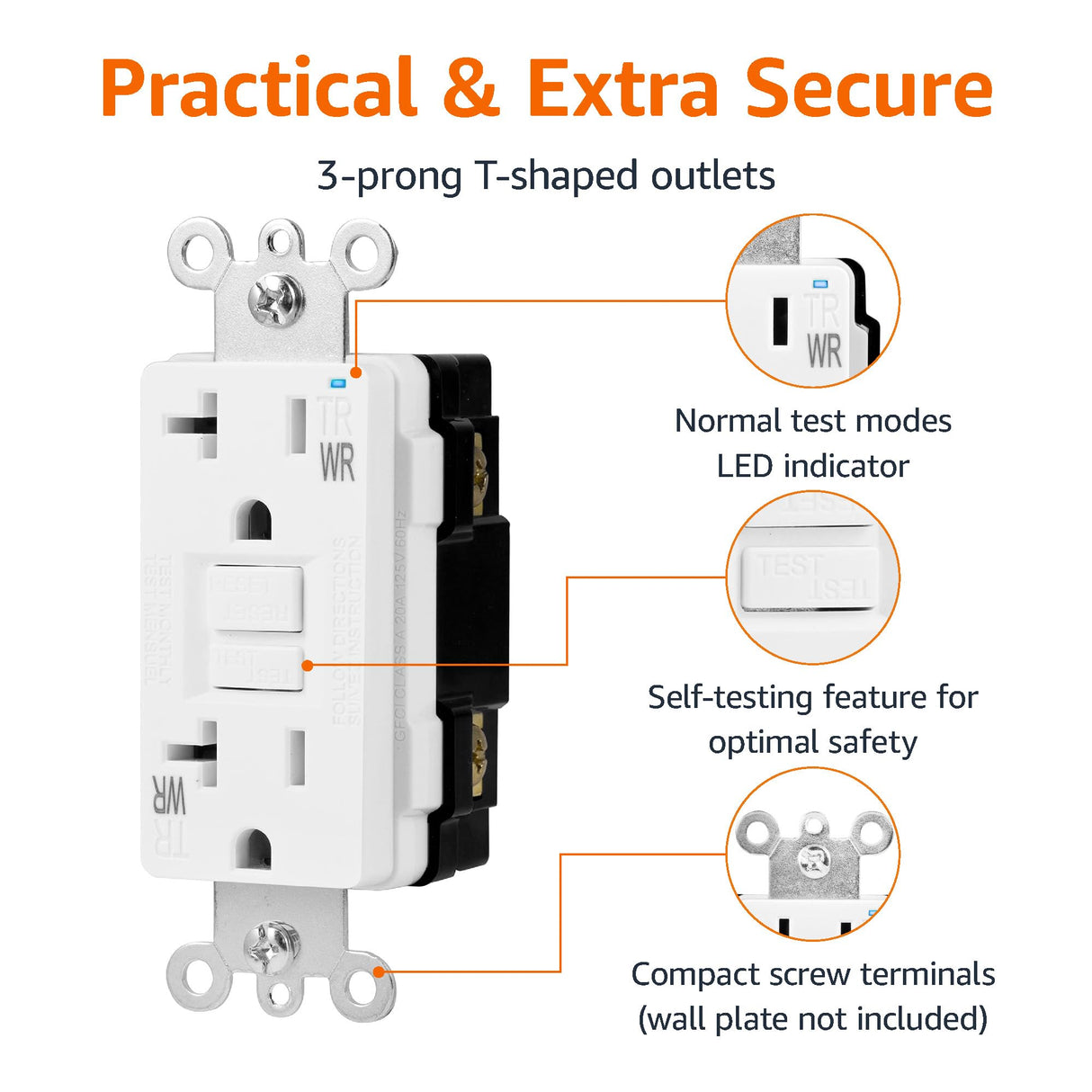 Amazon Basics Weather-Resistant Tamper-Resistant GFCI Receptacle with LED Indicator, Self-Test Feature, Ground Fault Circuit Interrupter for Indoor or Outdoor Use, 20 Amp, White