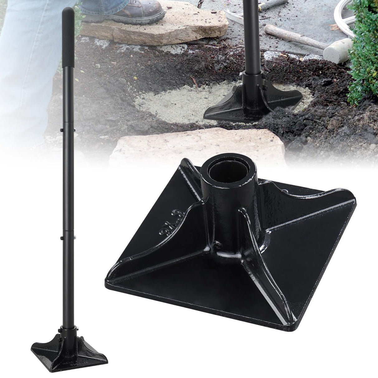 Steel Tamper Tool, Heavy Duty Garden Ground Steel Tamper Tool Kit Long Handle 58 Inch, 8x8” Square Dirt Hand Tamper Landscaping Garden Tools for Leaving Soil, Sand, Gravel, Asphalt, Driveway