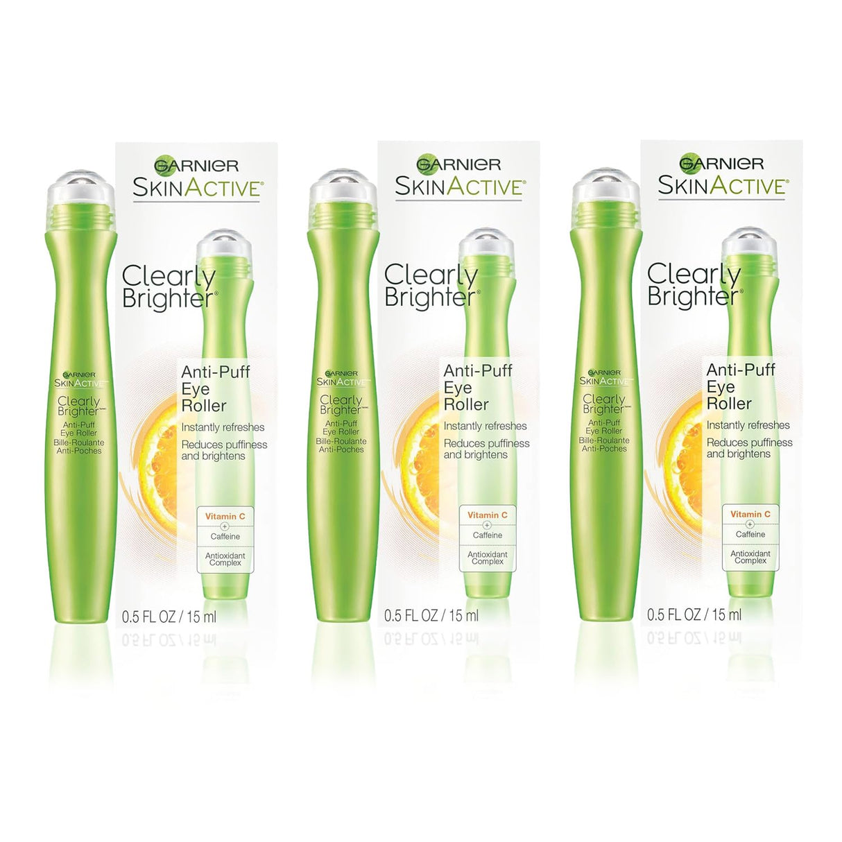 Garnier Clearly Brighter Anti-Puff Eye Roller, 0.5 Fl Oz (15mL), 3 Count (Packaging May Vary)