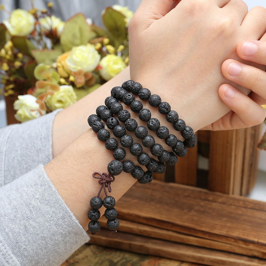 Jovivi 8mm Natural Lava Rock Stone Healing Gemstone 108 Prayer Beads Mala Bracelet Necklace Mother's Day Gift