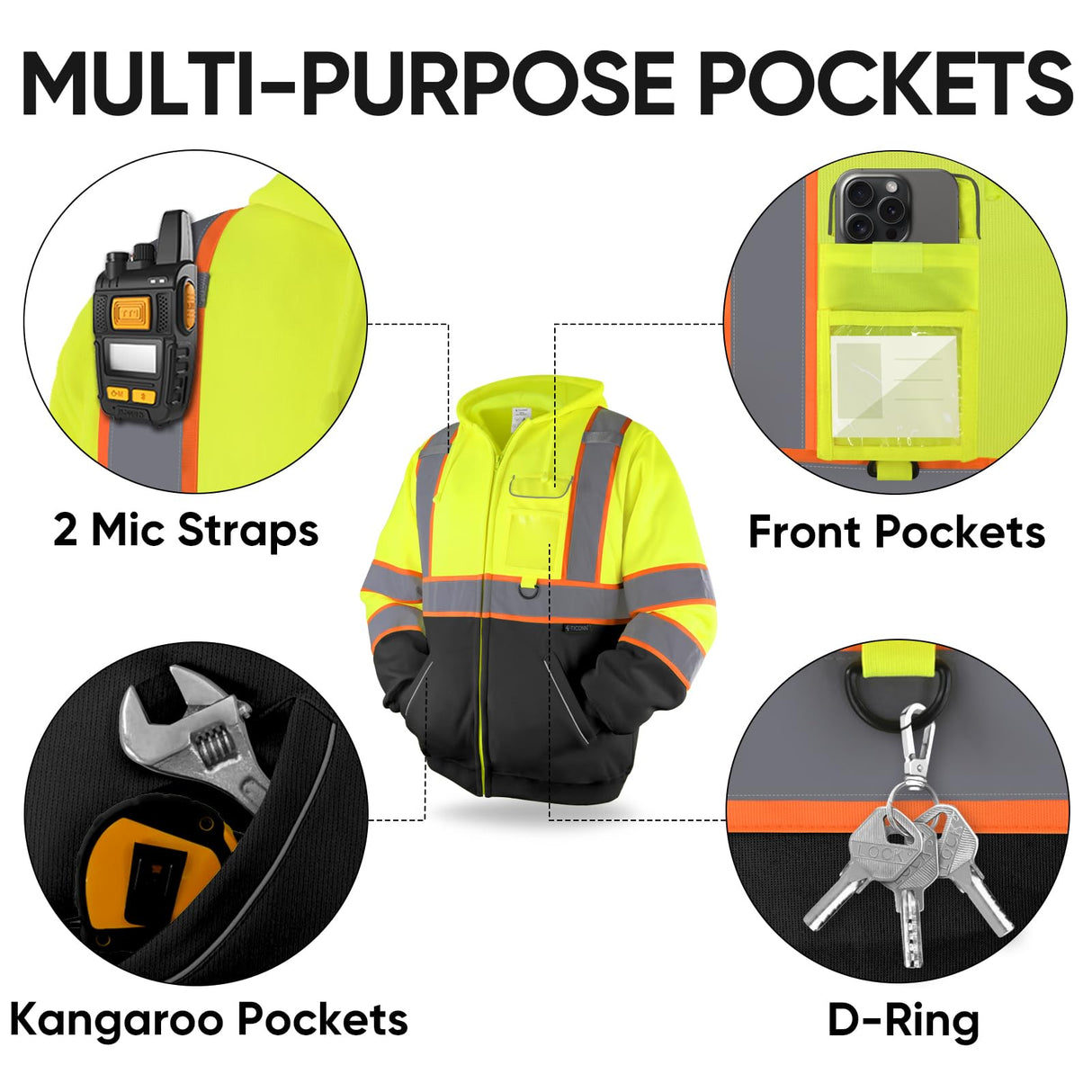 TICONN High Visibility Safety Sweatshirt Hoodie, Reflective Hi-Vis ANSI Class 3 Fleece Zippered Hooded Jacket with Black Bottom for men and women (Yellow&Black, L)