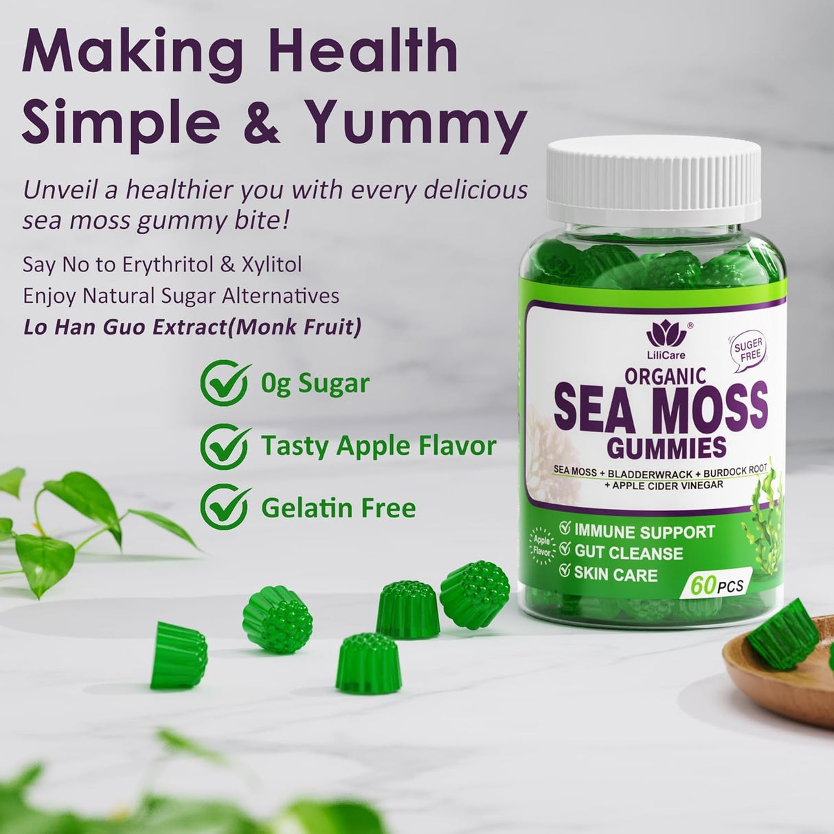 (2 Pack) Sea Moss Gummies - Irish Sea Moss Gummies for Adults & Kids - Advanced Superfood Seamoss Supplement with Organic Bladderwrack & Burdock Root Extract，ACV for Daily Immune, Gut Cleanse, Vegan