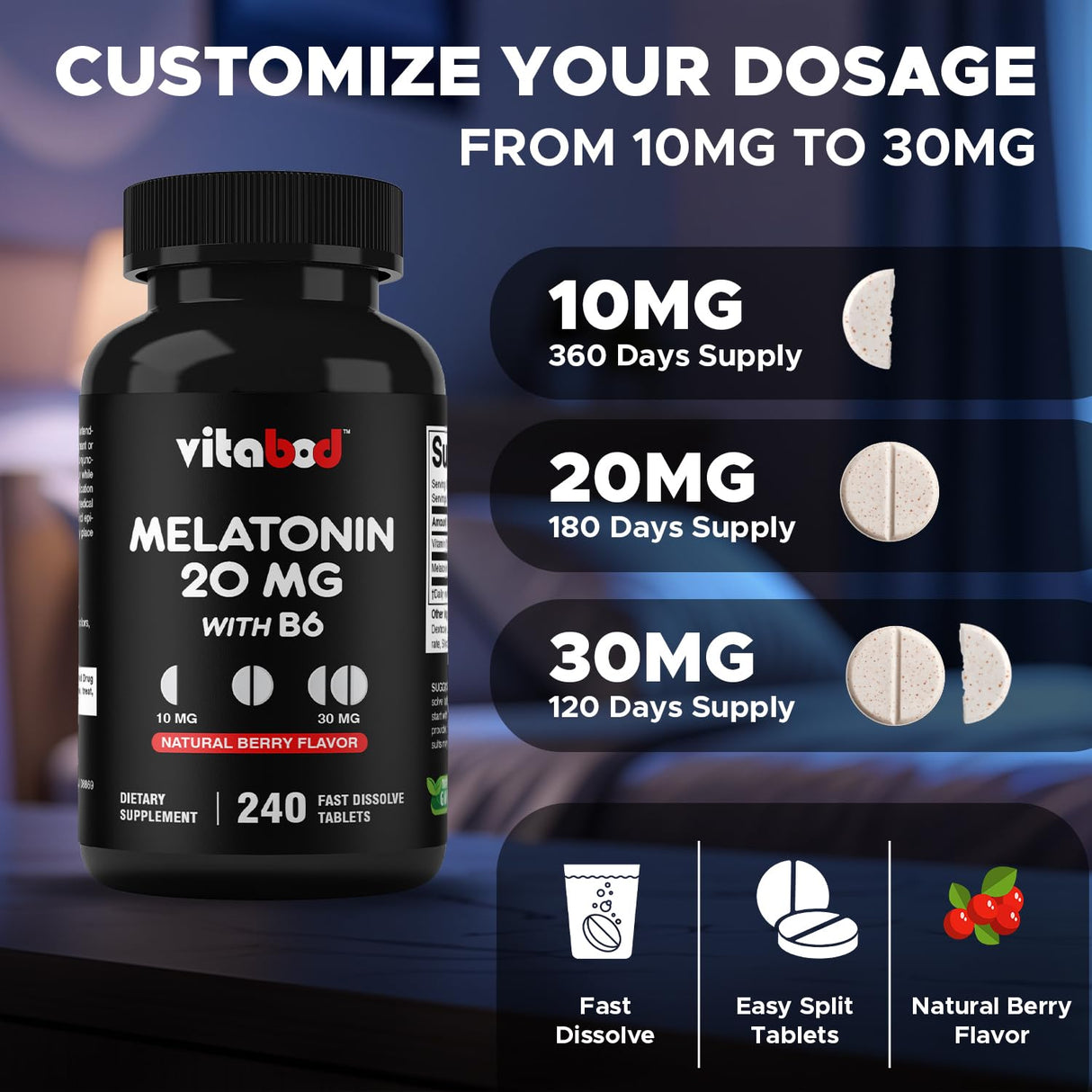 Vitabod Melatonin 20 mg - 240 Fast Dissolve Tablets - Drug Free - Natural Berry Flavor - Vegetarian, Non-GMO, Gluten Free 240 Count (Pack of 2)