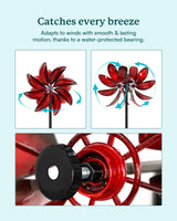 Cyan Oasis Wind Spinners Outdoor - Red Metal Windmill with Stake for Yard and Garden, Kinetic Wind Sculptures & Spinners, Gift Decor Ideas for Garden Lovers (12" W x 70" H)