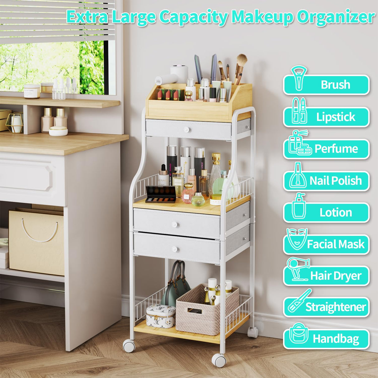 HapiRm Floor Makeup Organizer Storage - Vanity Skincare Make Up Organizers and Storage with Drawers, Cosmetics Display Cases Holder for Skin Care Nail Polish Perfume Makeup Brush