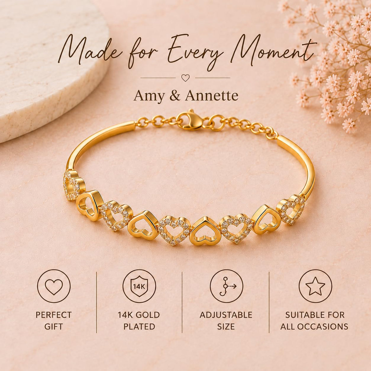 Amy & Annette 14K Gold Plated Heart Bangle Bracelet for Women with Crystals - Adjustable Gold Bangles, Heart Bracelets for Women, Cute Bangle, Gold Plated Bracelets