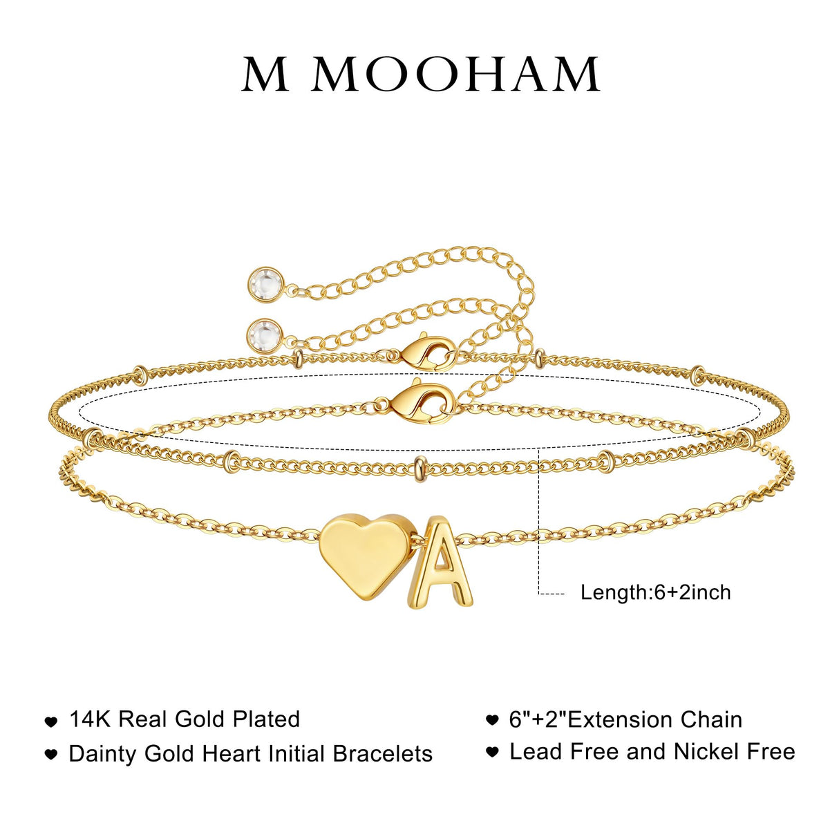 M MOOHAM Bracelets for Women - Dainty 14K-Gold-Plated Heart Initial Letter S Bracelets for Women Mom, Personalized Birthday Gifts for Mom Grandma Wife Womens Jewelry