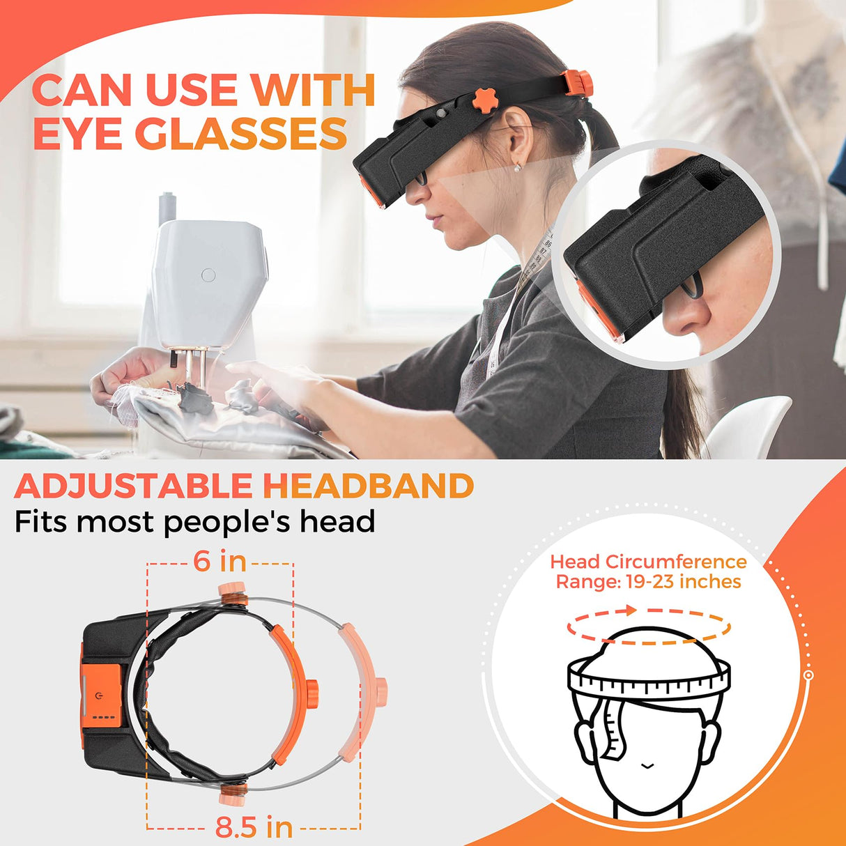 Headband Magnifier with Light, Rechargeable Magnifying Glasses for Close Work, 1.5X - 3.5X Magnify Headset with 4 Lenses, Jewelers Magnifying Glass Loupe Visor for Reading,Crafts, Hobby