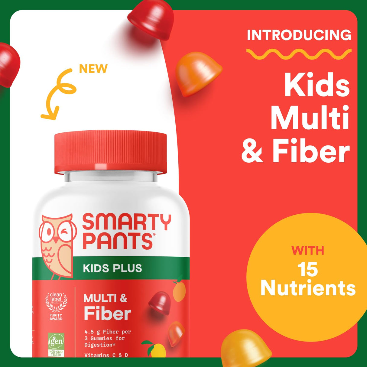 SmartyPants Kids Multivitamin & Fiber Gummies: Prebiotic Fiber to Support Kids Digestion with Vitamin D3, C, Vitamin B12, B6, A, Zinc, Biotin, Folate, Three Fruit Flavors, 120 Count (40 Day Supply)