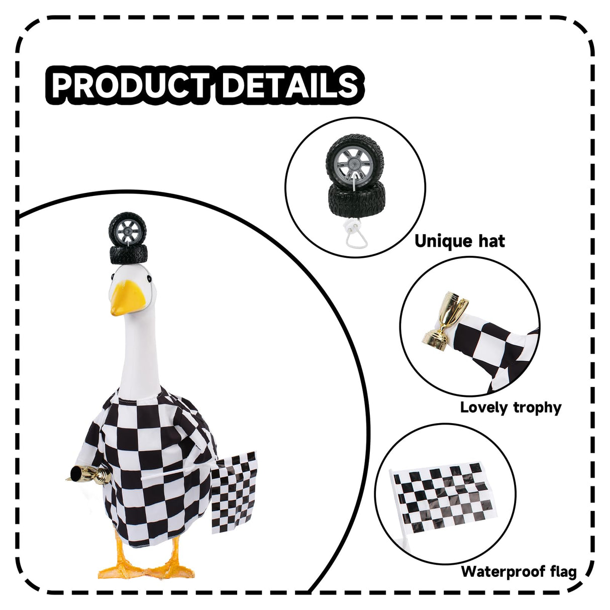 CAMDUCK Porch Goose Outfits Geese Race Car Driver Costume Clothing Racer Jumpsuit Clothes Lawn Goose Racing Suit with Tire Cap Flag Trophy Yard Goose Accessories for Garden Outdoor Decor