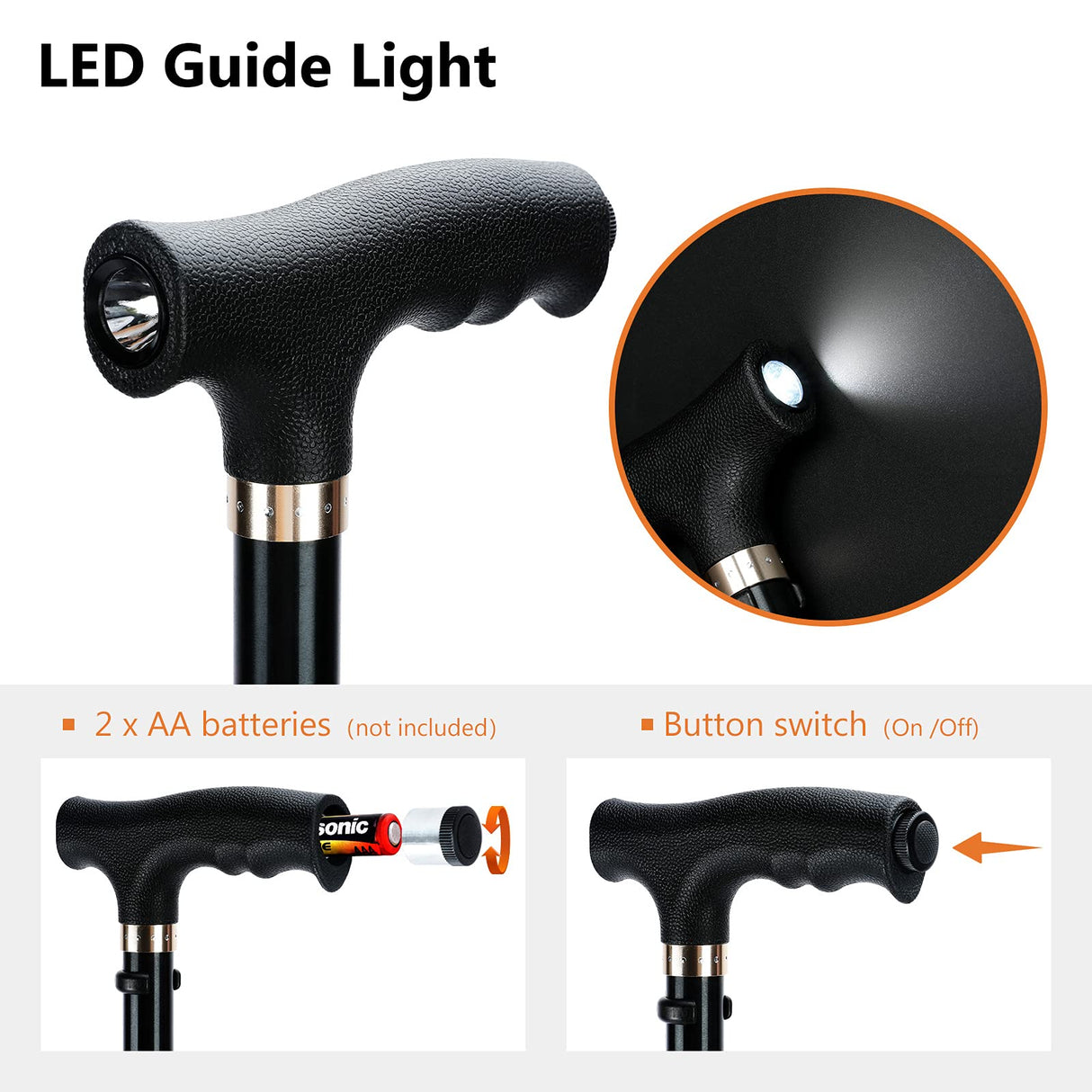 KAKICLAY Folding Walking Cane with LED Light for Women & Men - Foldable, Adjustable, Collapsible Lightweight Aluminum Walking Stick for Seniors & Adults