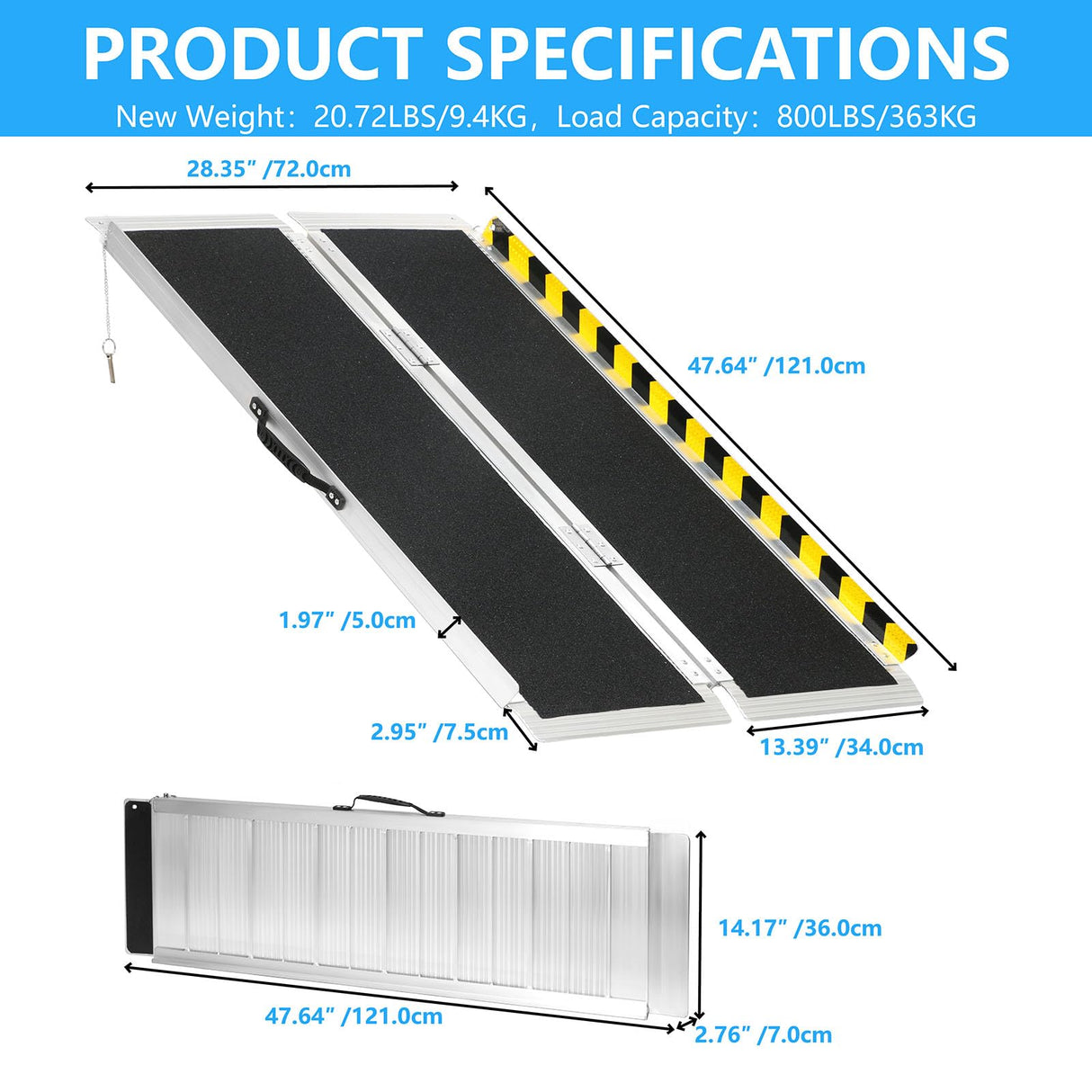 4FT Portable Wheelchair Ramp, Non-Slip Aluminum Folding Handicap Ramp, 800 LBS Capacity Door Threshold Ramps for Home Steps, Scooter Ramps for Car, Doorways, Curbs, Stairs, Cart, Wheel Chair Ramp Step