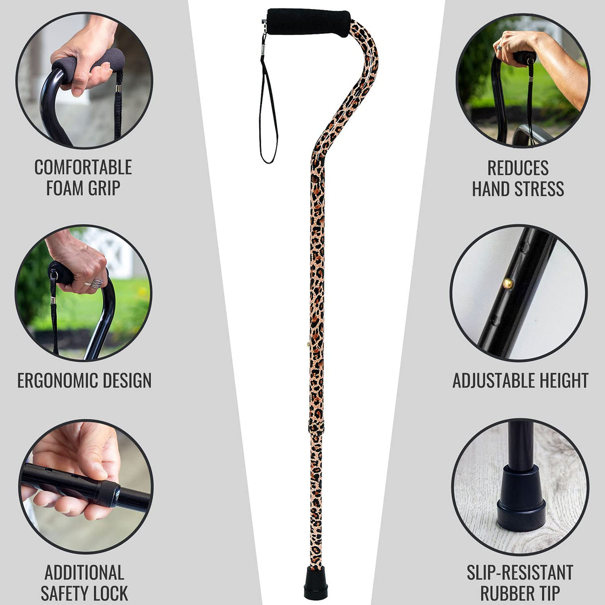 DMI Adjustable Designer Cane with Offset Handle and Strap, Leopard, Multi-colored