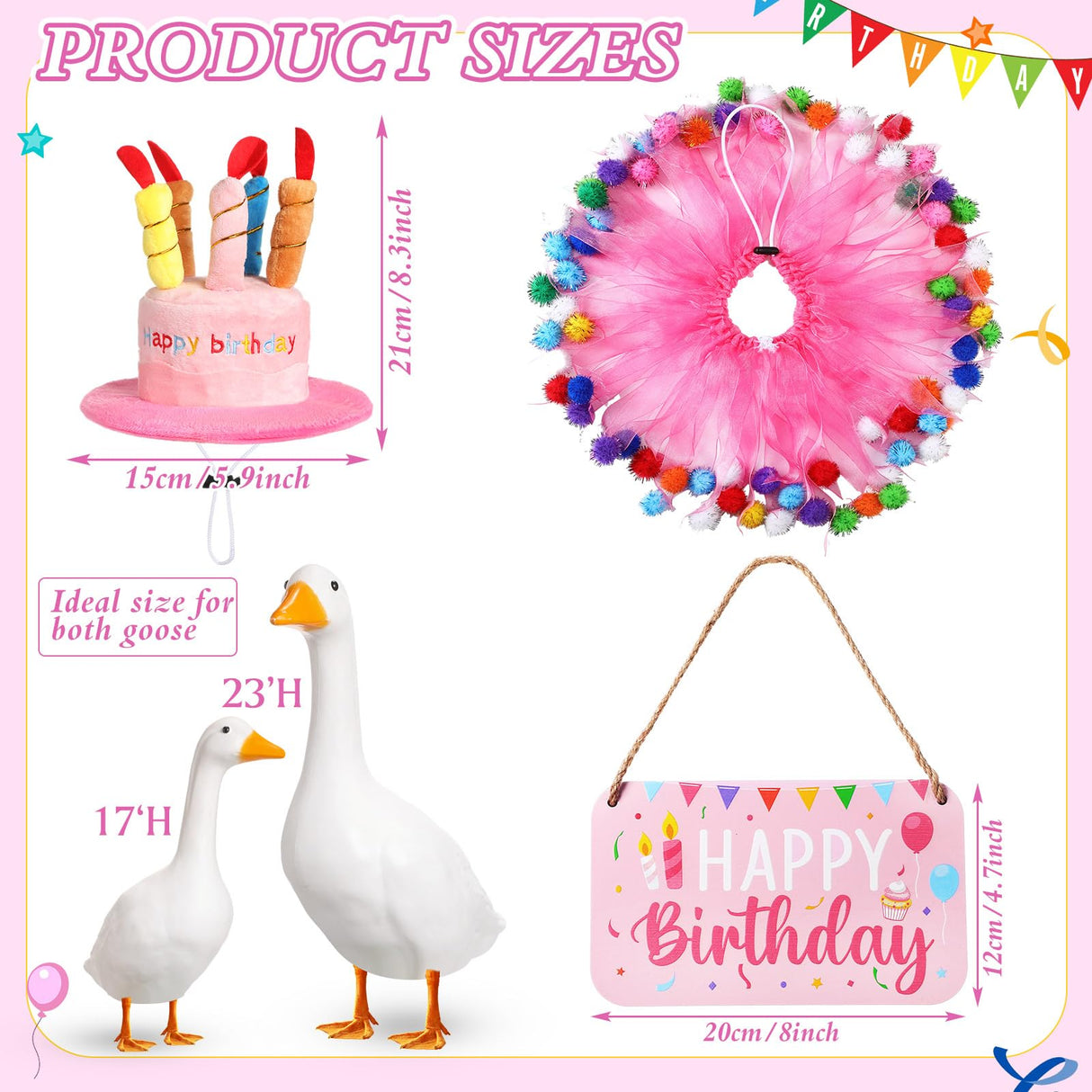 Memorywuu Happy Birthday Porch Goose Outfit Lawn Goose Cloth Costume for 23" Cement Plastic Patio Yard Statue Outdoor(Pink,Tutu Skirt)