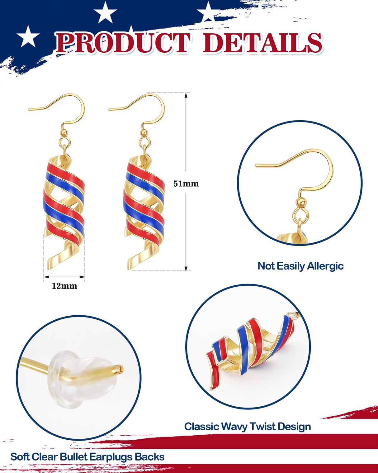 shownee Gold Dangle Patriotic Earrings for Women American Flag Red White Blue Earrings 250th Anniversary USA Merchandise 4th of july Independence Day Gifts