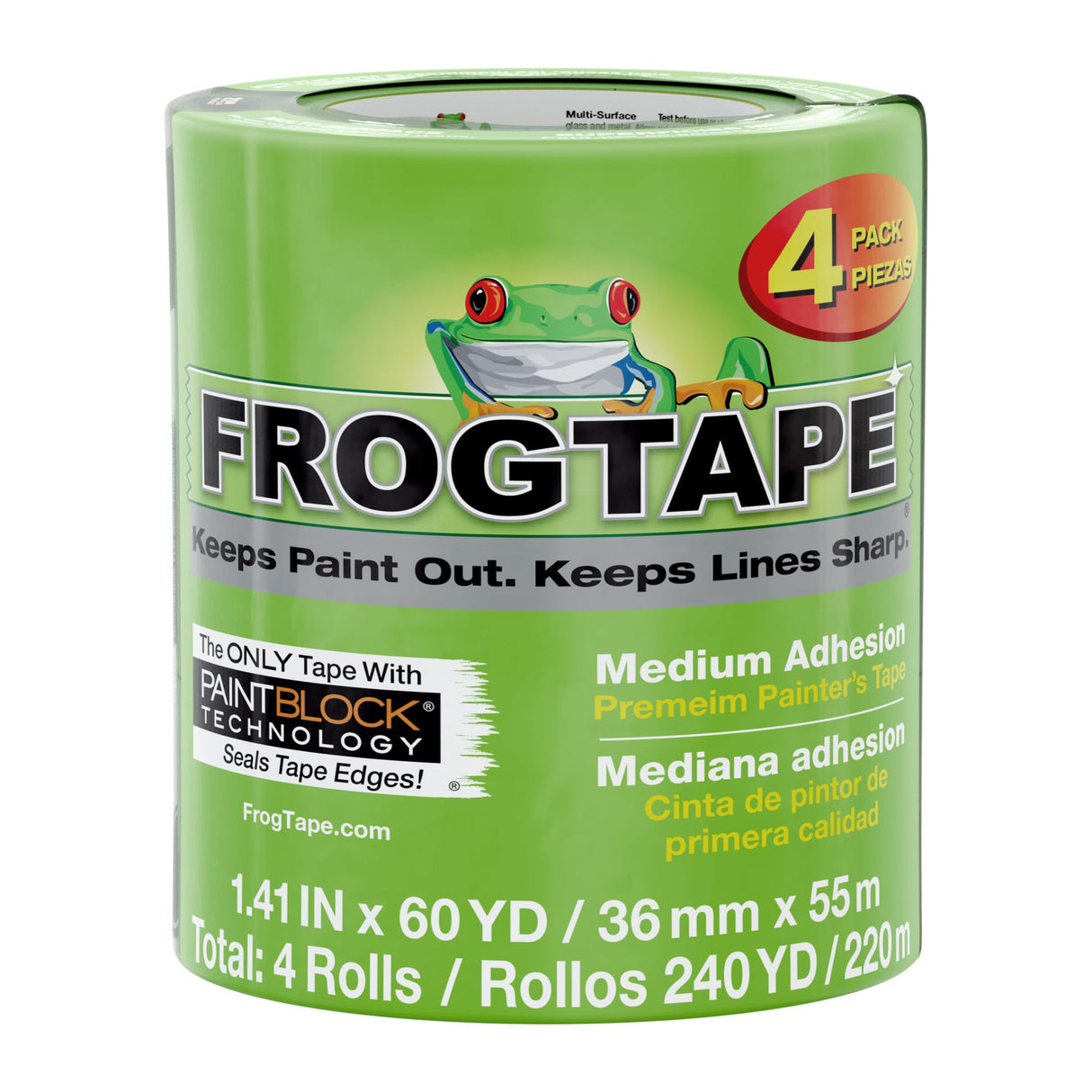 FrogTape Multi-Surface Painter's Tape with PAINTBLOCK, 2 in Wide (1.41 in x 60 yd), Quick Stick Medium Adhesion, Premium Green Painters Tape Removes Clean, 4 Rolls (240660)