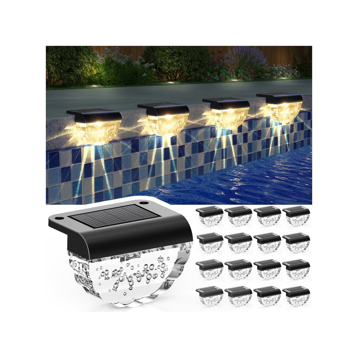 Melunar 16 Pack Solar Deck Lights Outdoor, Solar Step Lights Waterproof for Outside, Yard, Patio, Garden, Pool, Railing, Stairs, Fence (Warm White)