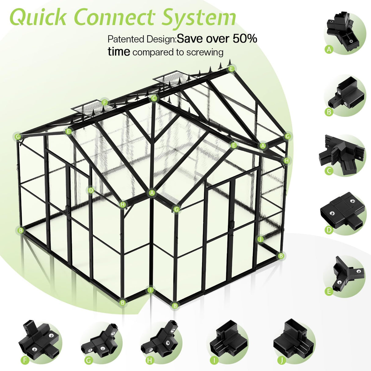 AMERLIFE 12x10x8 FT Hybrid Polycarbonate Greenhouse, Quick-Connect Aluminum Frame with Dual Roof Vents & Double Doors, Walk-in Outdoor Garden Greenhouse with Gutters, Black