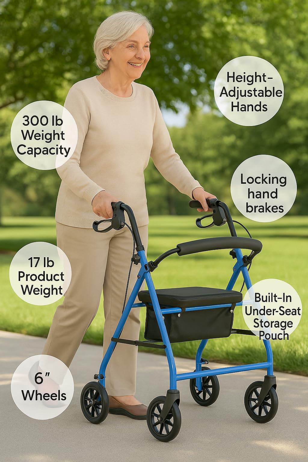 Lightweight Folding Steel Rollator Walker with Seat FSA/HSA Eligible – 6” Wheels, Locking Hand Brakes, Adjustable Handles (31"-35"), 300 lb Capacity, Padded Seat – Light Blue Mobility Aid for Seniors