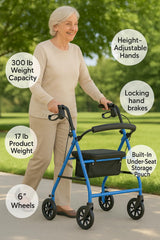 Lightweight Folding Steel Rollator Walker with Seat FSA/HSA Eligible – 6” Wheels, Locking Hand Brakes, Adjustable Handles (31"-35"), 300 lb Capacity, Padded Seat – Light Blue Mobility Aid for Seniors