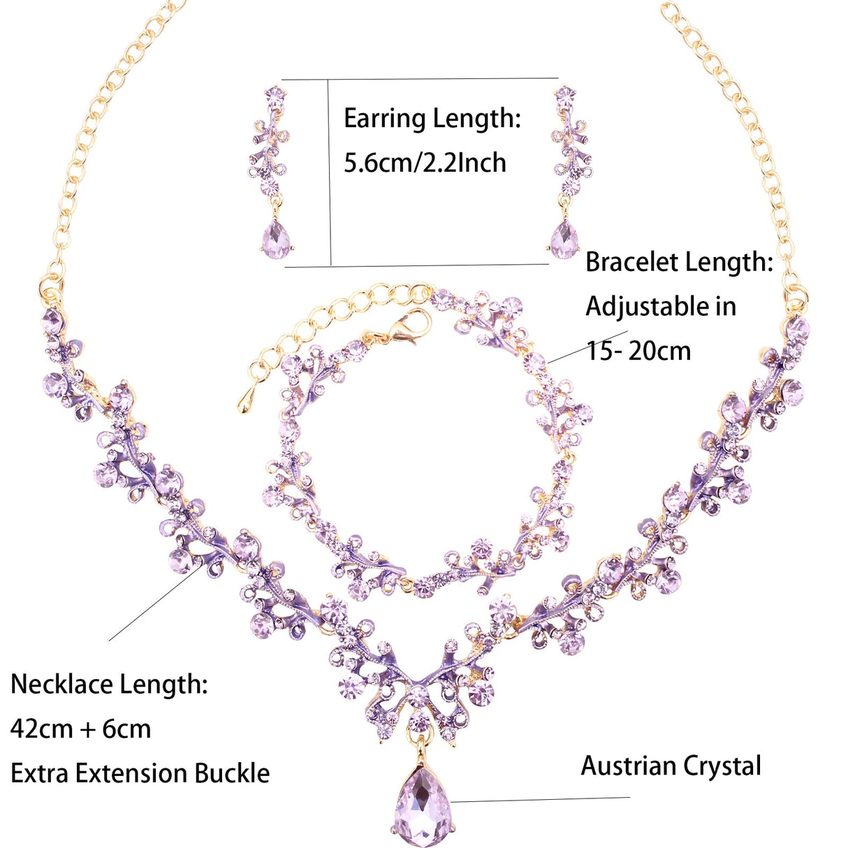 Enrwin 3Pcs Austrian Crystal Jewelry Set for Women, Necklace Dangle Earrings Link Bracelet Jewelry Set with Gold/Platinum/Gun Plated, Wedding Party Jewelry for Bridal Bridesmaid (Violet-Gold Plated)