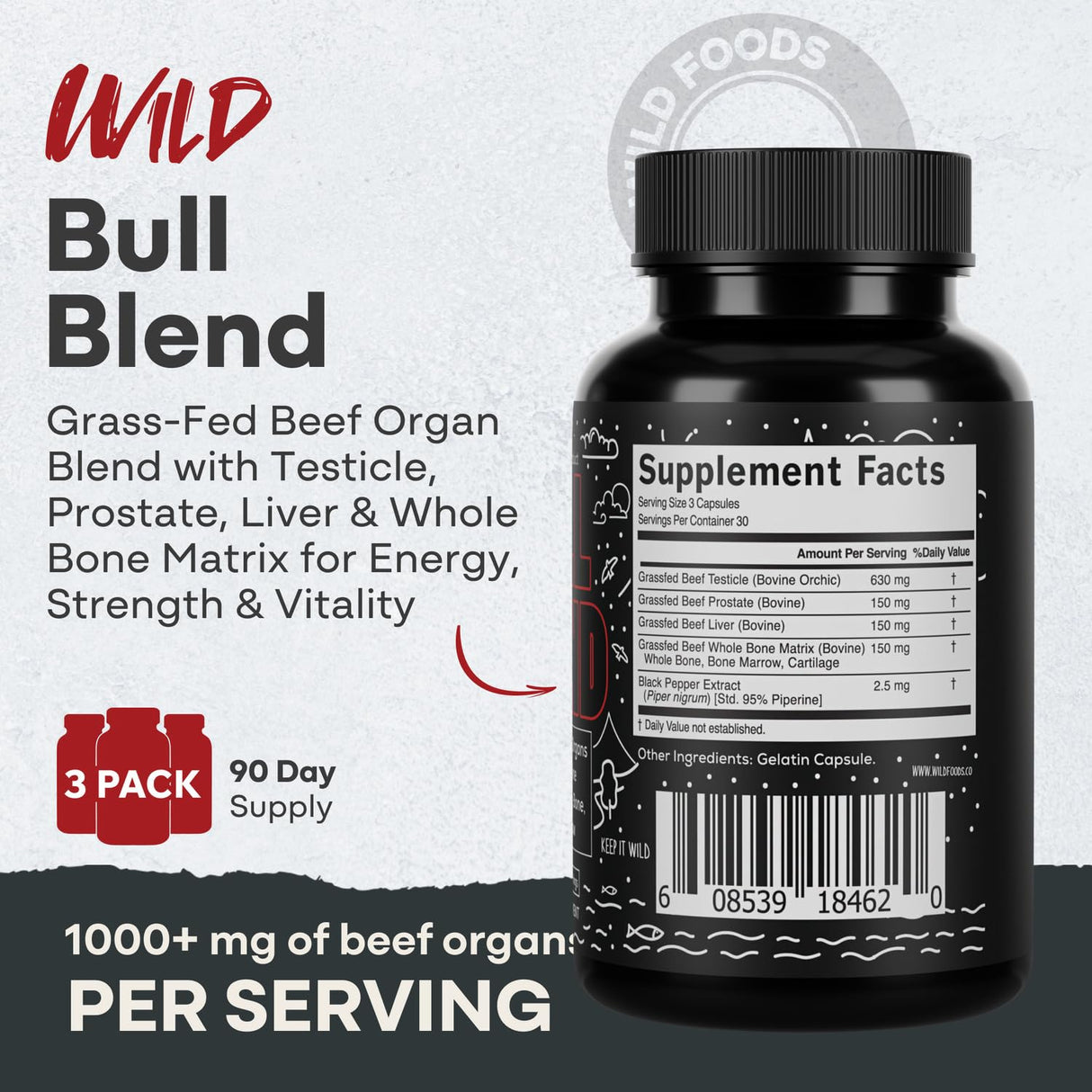 Wild Foods Men's Vitality Formula – Grass-Fed Bovine Supplement & Beef Liver Capsules with Testicle, Prostate, Whole Bone | Primal and Carnivore Diet Approved | 90 Organ Meat Capsules (30-Day Supply)