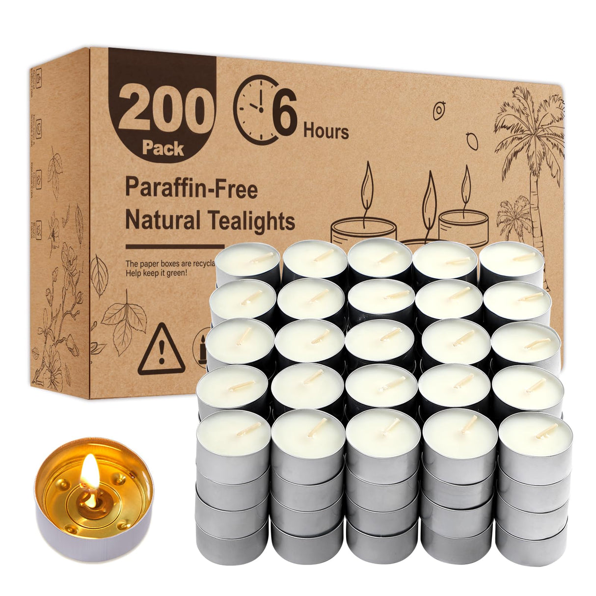Unscented Tea Lights Candles 200 Pack,6 Hours Long Burning White Tea Candles Bulk,Non-Paraffin, Clean Burn, Smokeless, Palm Tealight Candles for Wedding,Centerpiece,Christmas Lights,Home Dceor