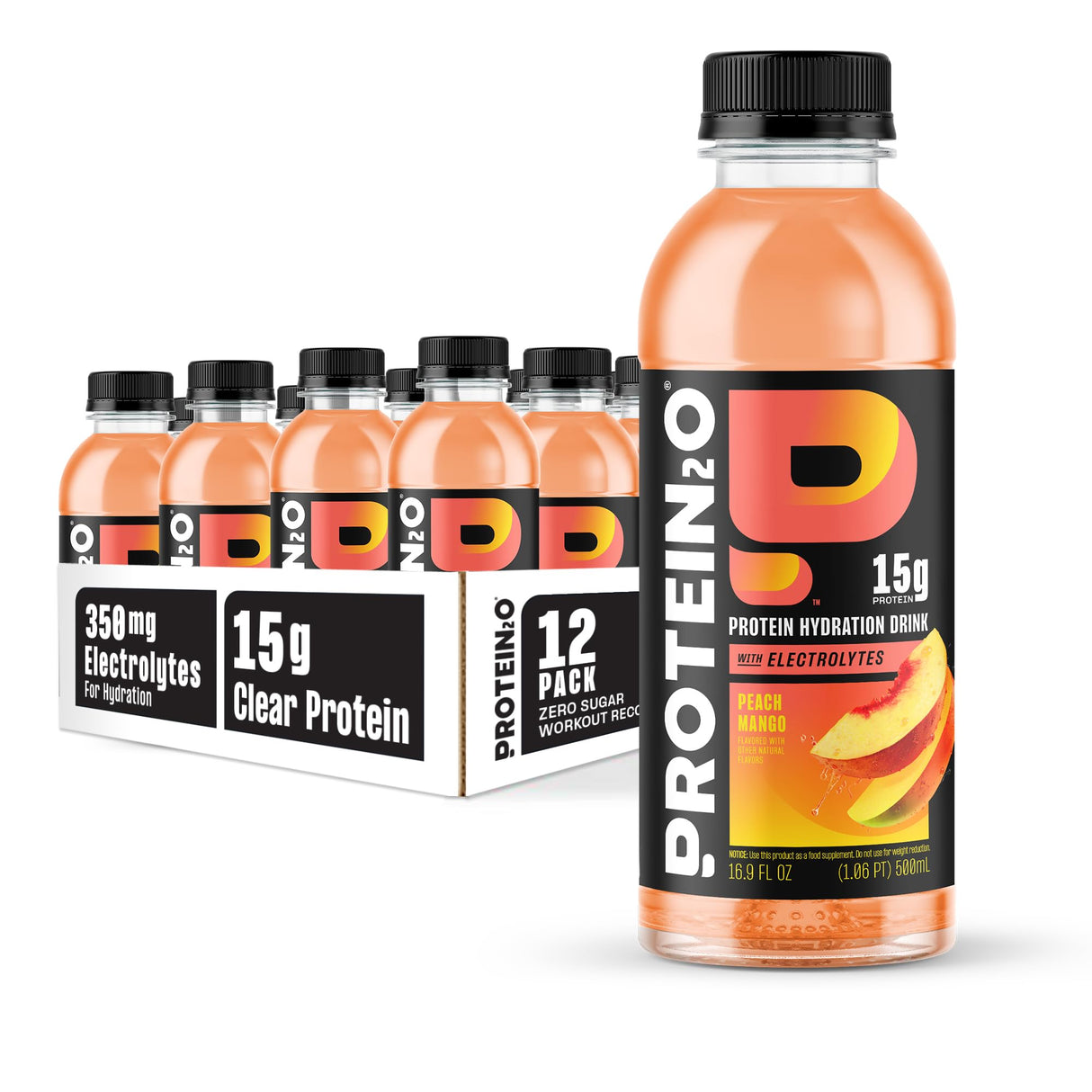 Protein2o 15g Whey Protein Infused Water, Peach Mango, 16.9 Oz Bottle (Pack of 12)