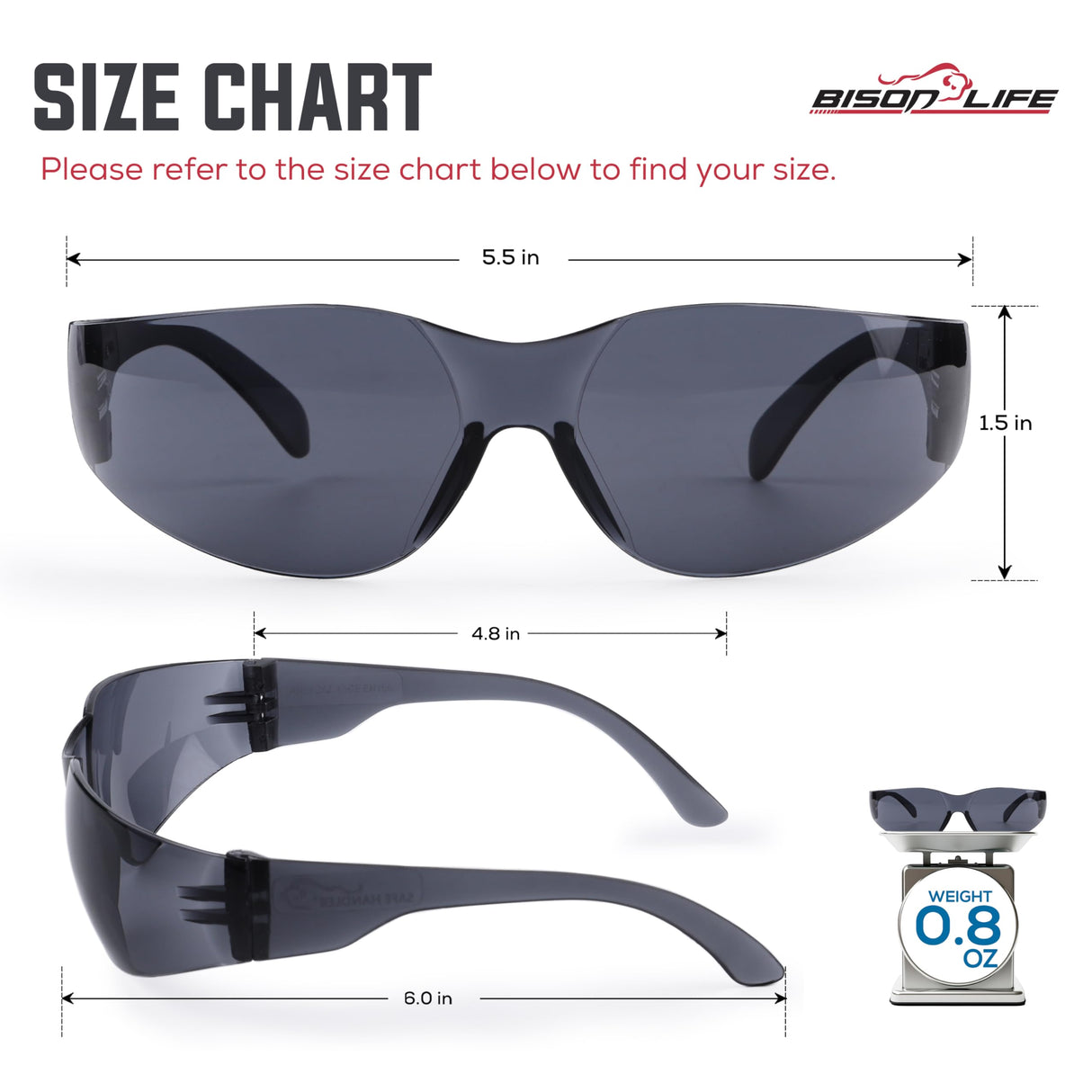 BISON LIFE BLack Safety Glasses - 12 Pairs of Scratch Resistant Eyewear, Polycarbonate Impact Resistant Lens