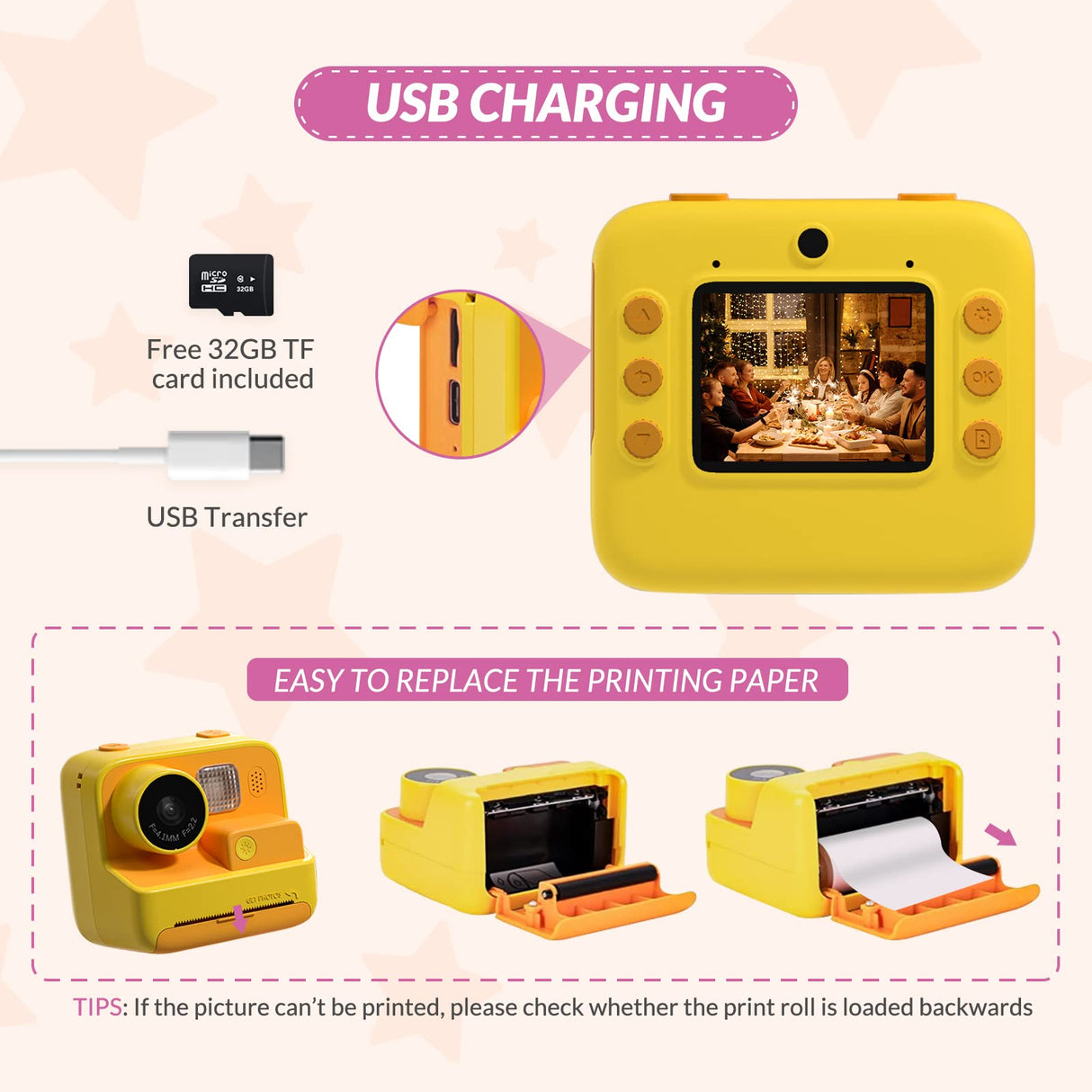 Mafiti Kids Camera Instant Print, 48MP Digital Camera Selfie 1080P Video with 32G TF Card, Toys Gifts for Girls Boys Aged 3-12 for Christmas/Birthday/Holiday (Orange)