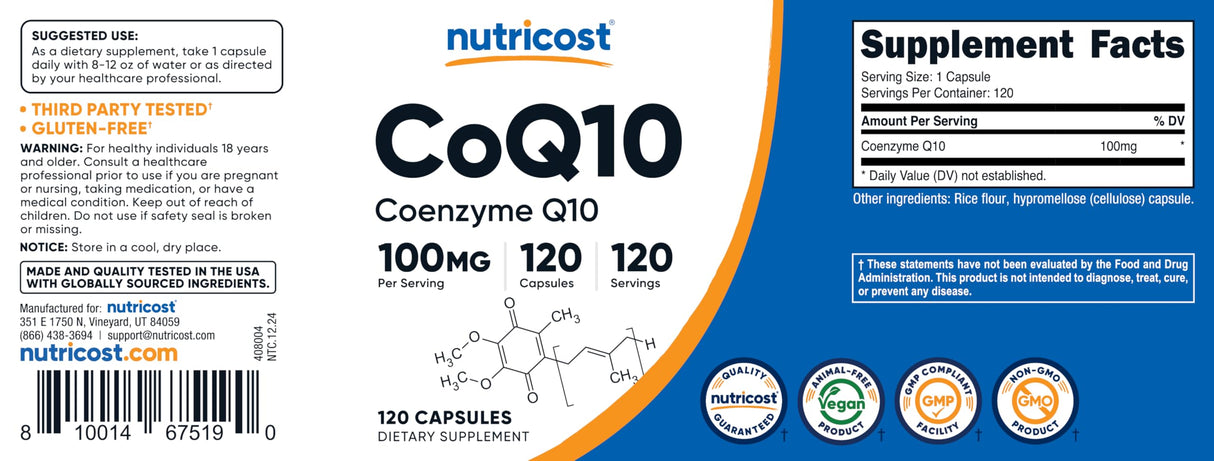 Nutricost CoQ10 100mg, 120 Vegetarian Capsules, 120 Servings - High Absorption, Vegetarian, Non-GMO, Coenzyme Q10 (Pack of 2)