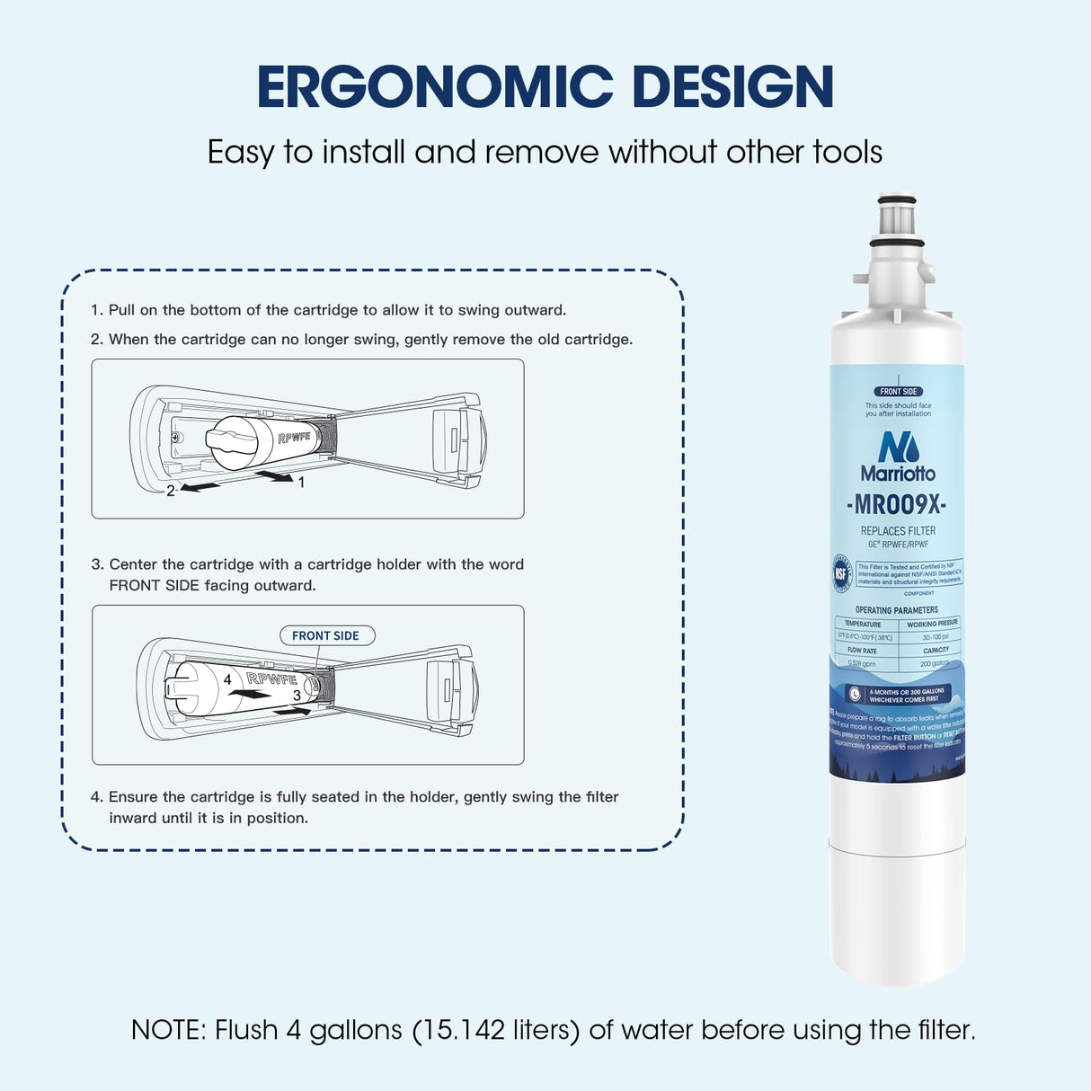 MARRIOTTO Replacement for GE® RPWFE, RPWF (Built-in CHIP) Refrigerator Water Filter, Compatible with GFE28GELDS, PFE28KELDS, PFE28KYNFS, GFD28GELDS, GYE22HMKES, GFE28GYNFS, GFD28GYNFS, Pack of 3