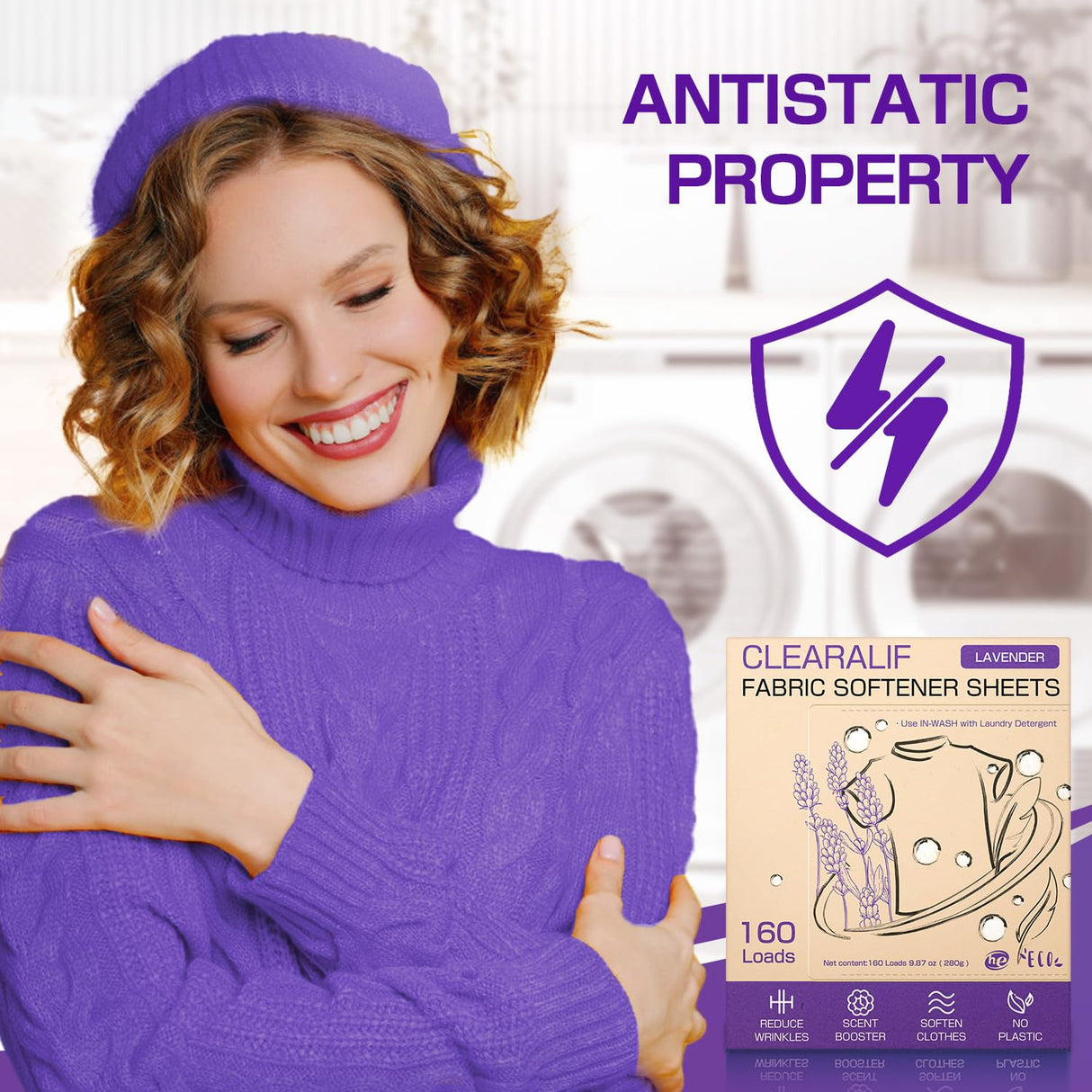 CLEARALIF laundry Fabric Softener Sheets, Lavender Scent, 160 Loads, Eco Friendly, Great For Travel, Apartments, Dorms.