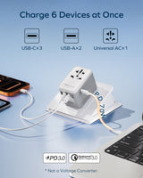 MOMAX Universal Travel Adapter 70W GaN, 3 USB-C PD & 2 USB-A QC, International Power Adapter Outlet, 6-in-1 Wall Charger for Laptop, Phone, European Travel Plug Adapter for UK/US/AUS/JP