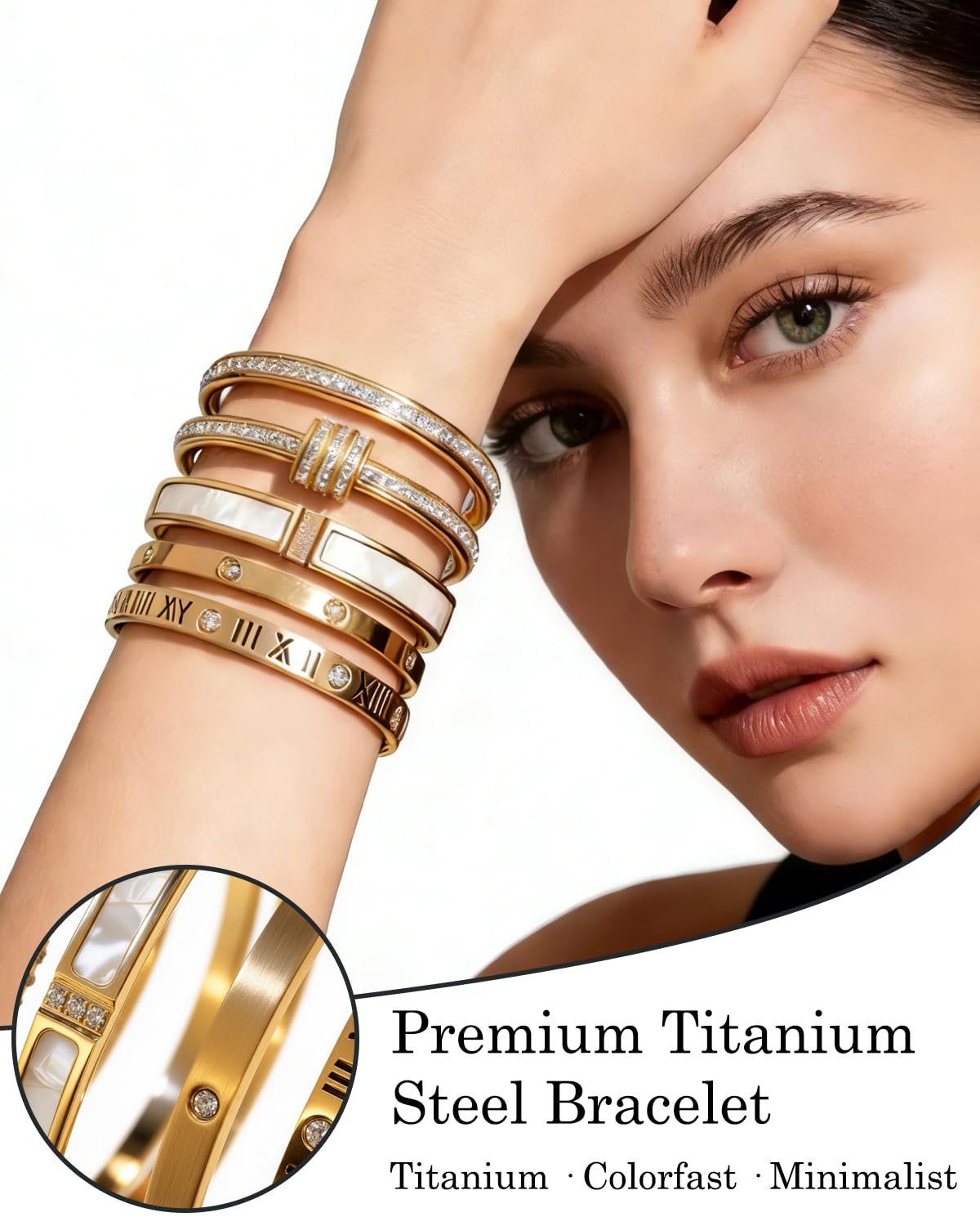 CERULEAN 5-Piece Elegant Stainless Steel Bracelet Set, Fashionable Classic Design, Stainless Steel 5 Piece Bracelet Set, Non Tarnish Bangle, Elegant Bracelets Sets for Everyday and Formal Wear (Gold)