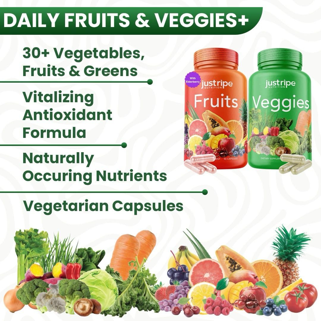 Just Ripe Nutrition Fruits and Veggies Supplement - 90 Fruit and 90 Vegetable Capsules - 100% Whole Natural Superfood - Filled with Vitamins and Minerals - Supports Energy Levels (2 Pack)
