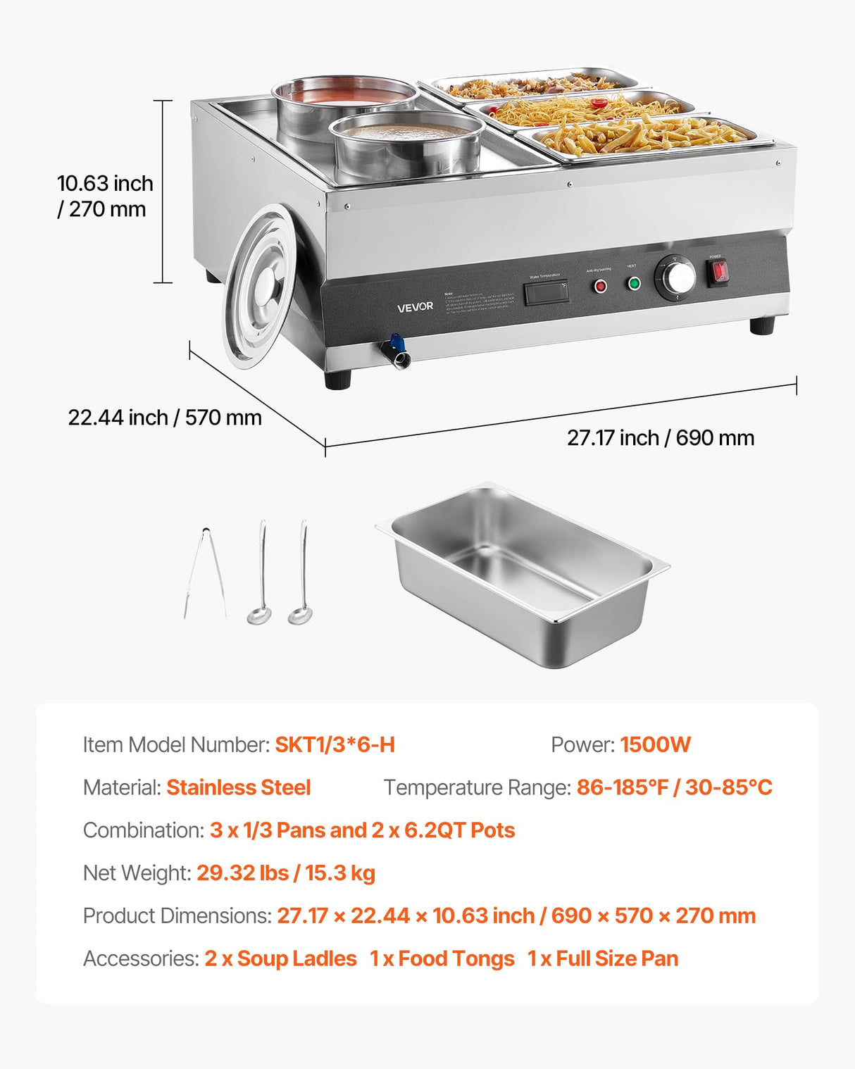 VEVOR Electric Soup Warmer, Two 6.34QT Pots & Three 1/3 Pans, Stainless Steel Commercial Food Warmer with 86~185°F Adjustable Temp, 1500W Bain Marie, Soup Station for Restaurant, Buffet
