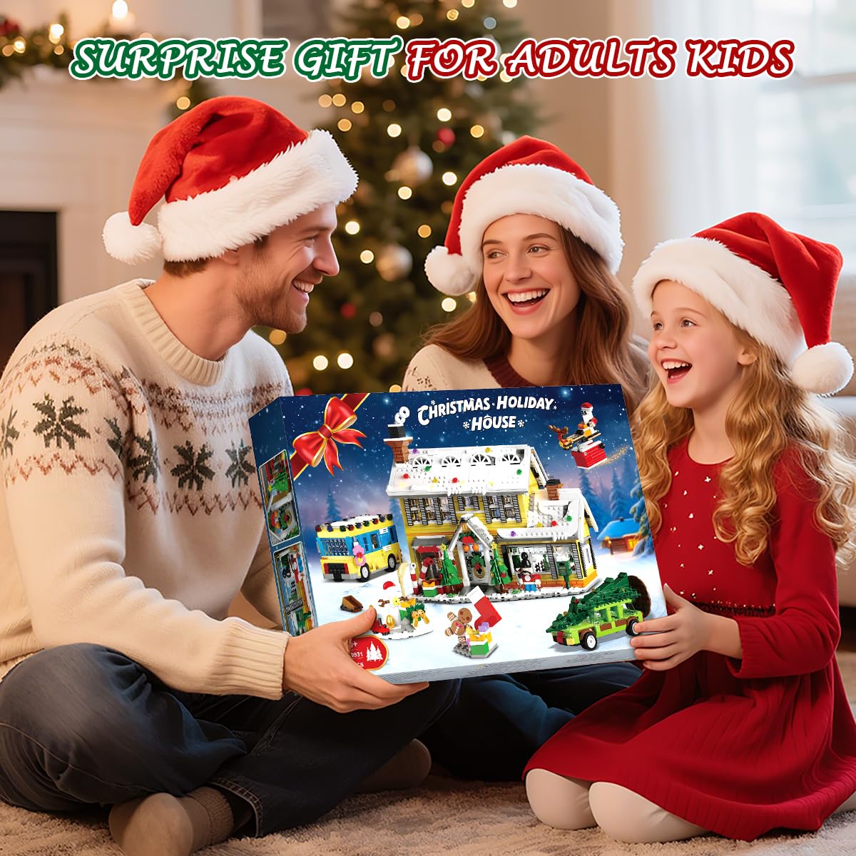 CUBIMANA 2025 Christmas Gingerbread House Village Building Set with Light - 1993PCS Holiday Snow Village Mini Building Blocks Toy with Bus & Pickup Truck Xmas Gifts for Adults Kids Boys Girls Age 12+