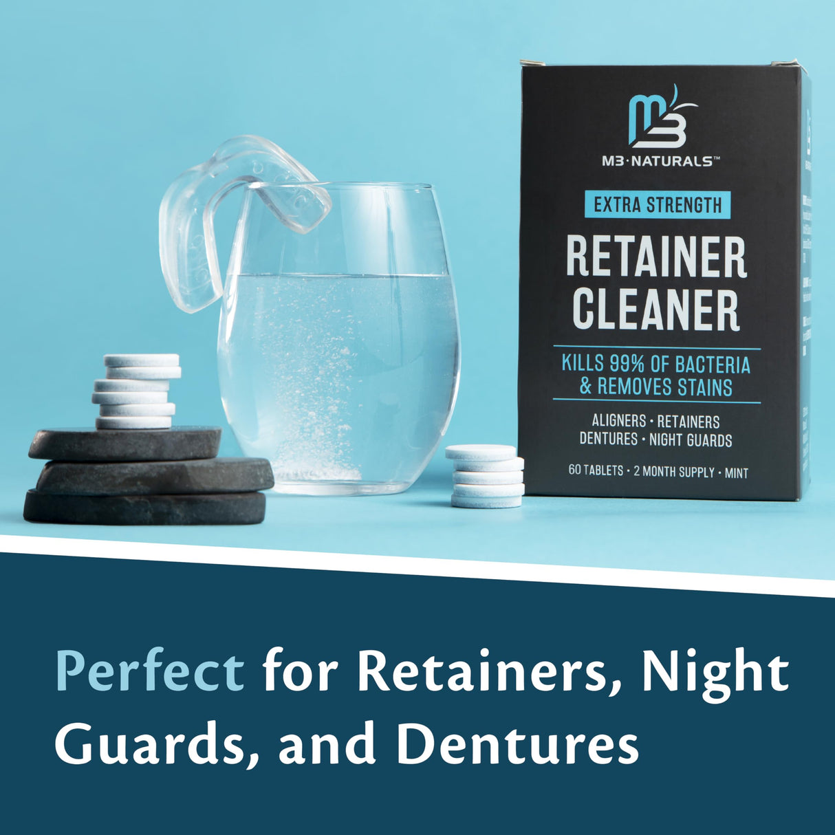 Retainer Cleanser Tablets Cleaner FSA HSA Approved Remove Odors Discoloration Stains and Plaque 2 Month Supply Denture Cleansers Retainers Mouth Guards Denture Bath Mint by M3 Naturals