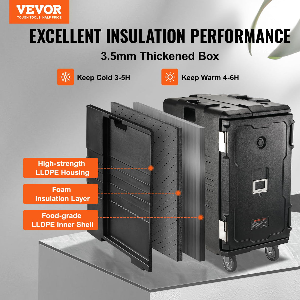 VEVOR Insulated Food Pan Carrier, 127 Qt Hot Box for Catering, LLDPE Food Box Carrier w/Double Buckles, Front Loading Food Warmer w/Handles, End Loader w/Wheels for Restaurant, Canteen, etc. Black